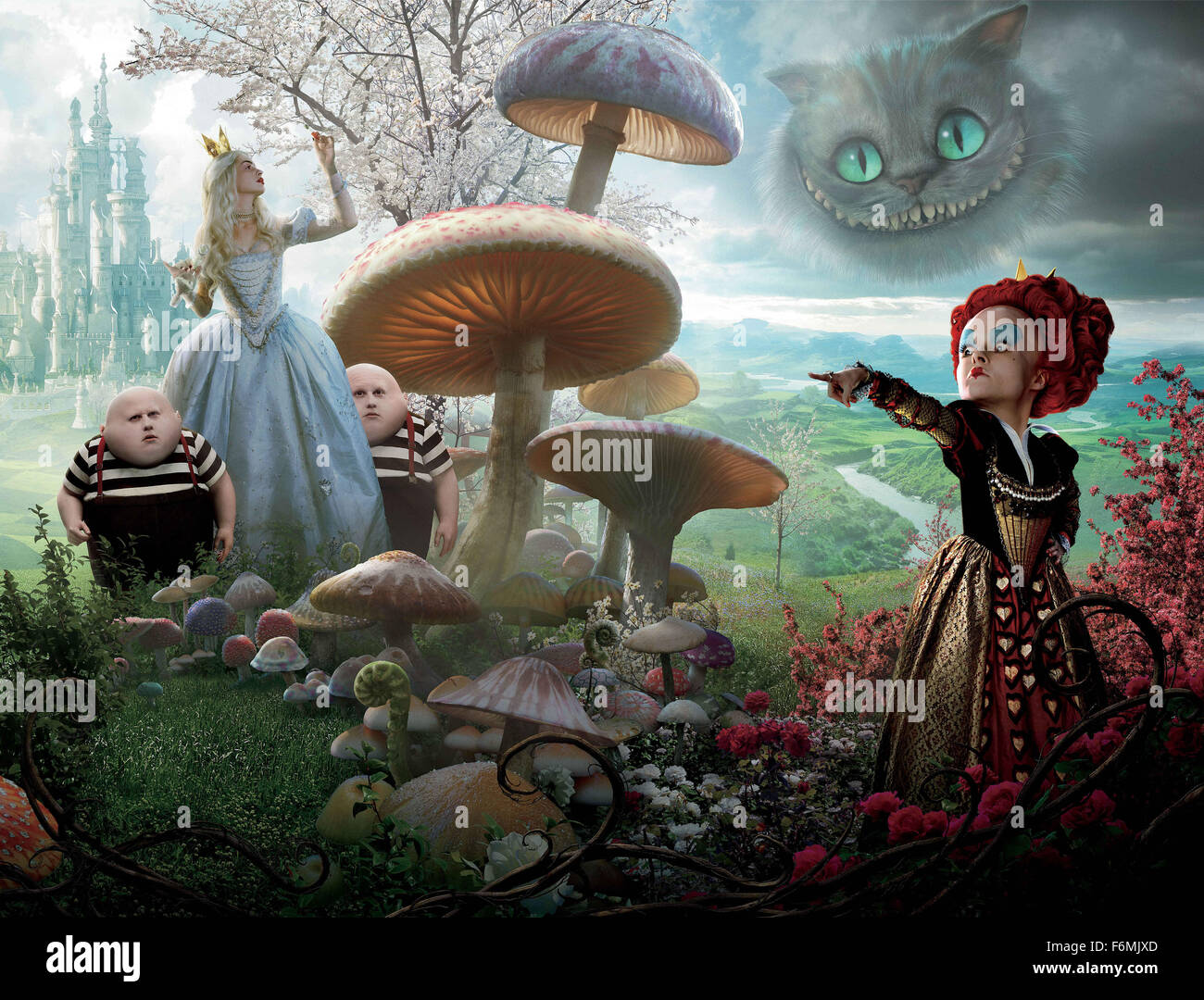 RELEASE DATE: March 5, 2010   MOVIE TITLE: Alice in Wonderland   STUDIO: Walt Disney Pictures   DIRECTOR: Tim Burton   PLOT: 19-year-old Alice returns to the magical world from her childhood adventure, where she reunites with her old friends and learns of her true destiny: to end the Red Queen's reign of terror   PICTURED: HELENA BONHAM CARTER as Red Queen, STEPHEN FRY as Cheshire Cat and ANNE HATHAWAY as White Queen   (Credit Image: c Walt Disney Pictures/Entertainment Pictures) Stock Photo