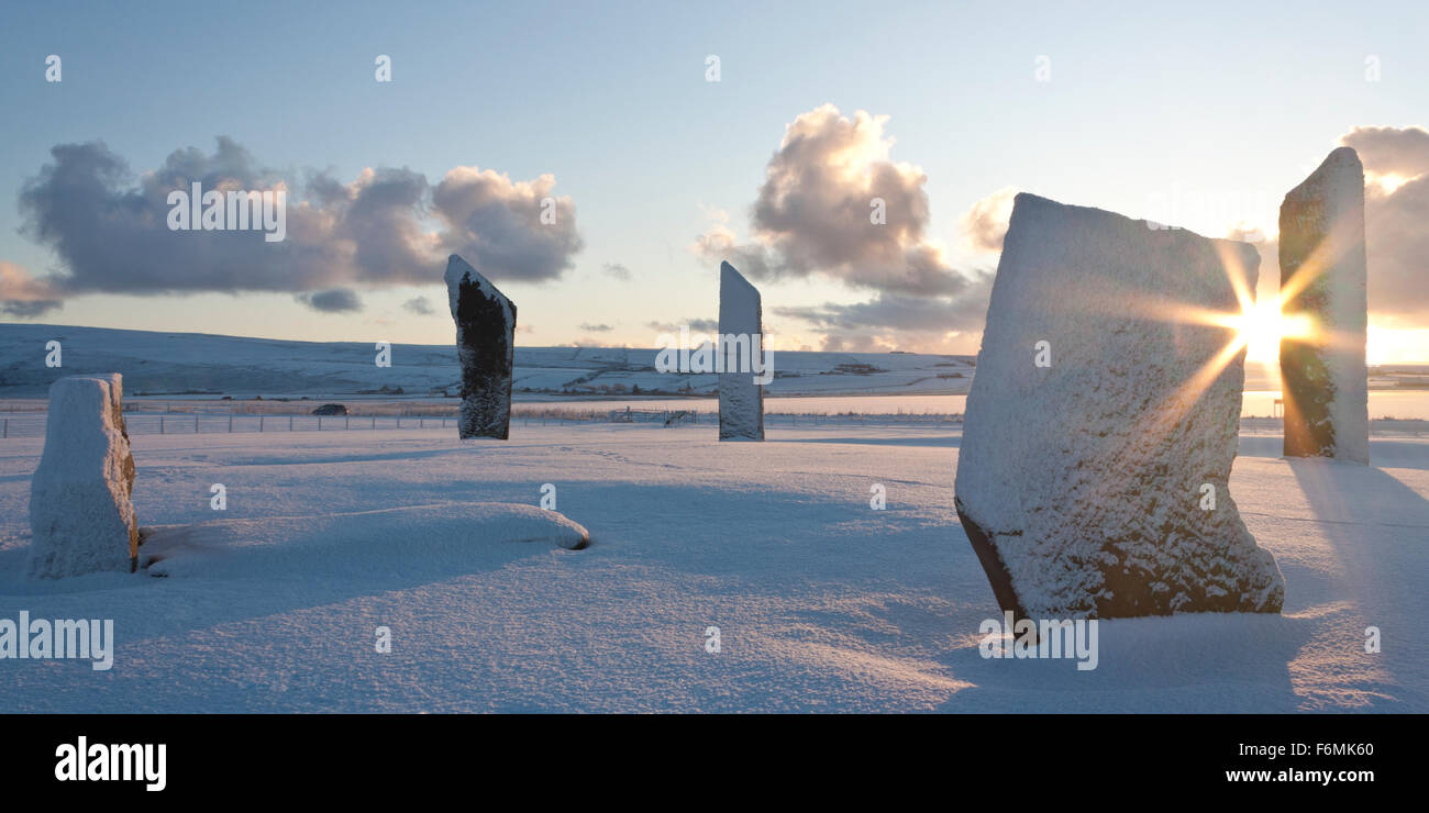 Stones of Stenness in snow, Orkney Stock Photo