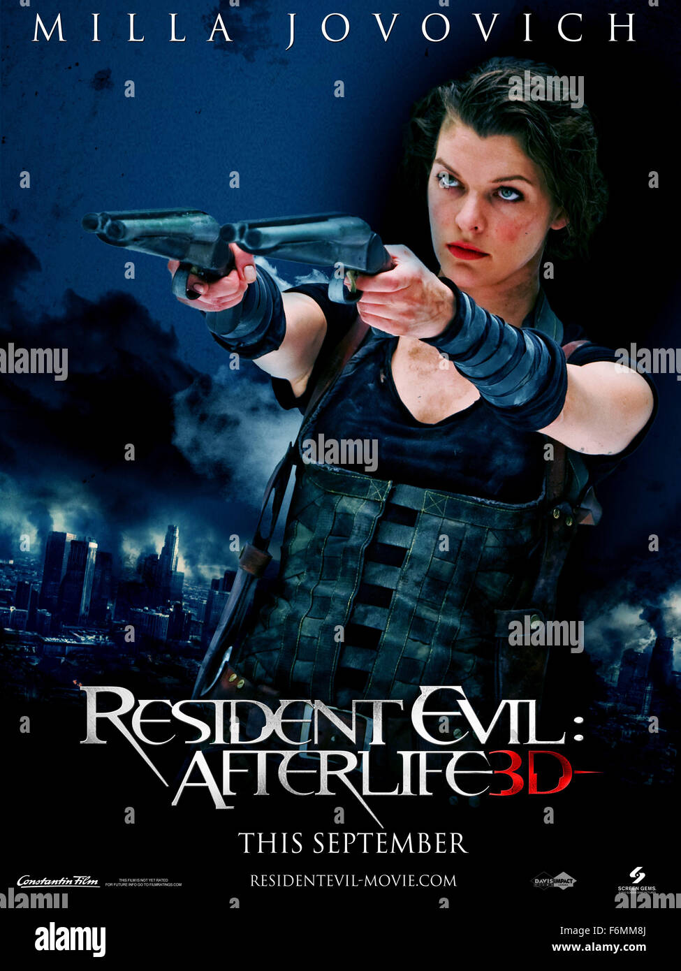 RELEASE DATE: September 10, 2010. MOVIE TITLE: Resident Evil Afterlife.  STUDIO: Impact Pictures. PLOT: In a world ravaged by a virus infection,  turning its victims into the Undead, Alice (Jovovich), continues on