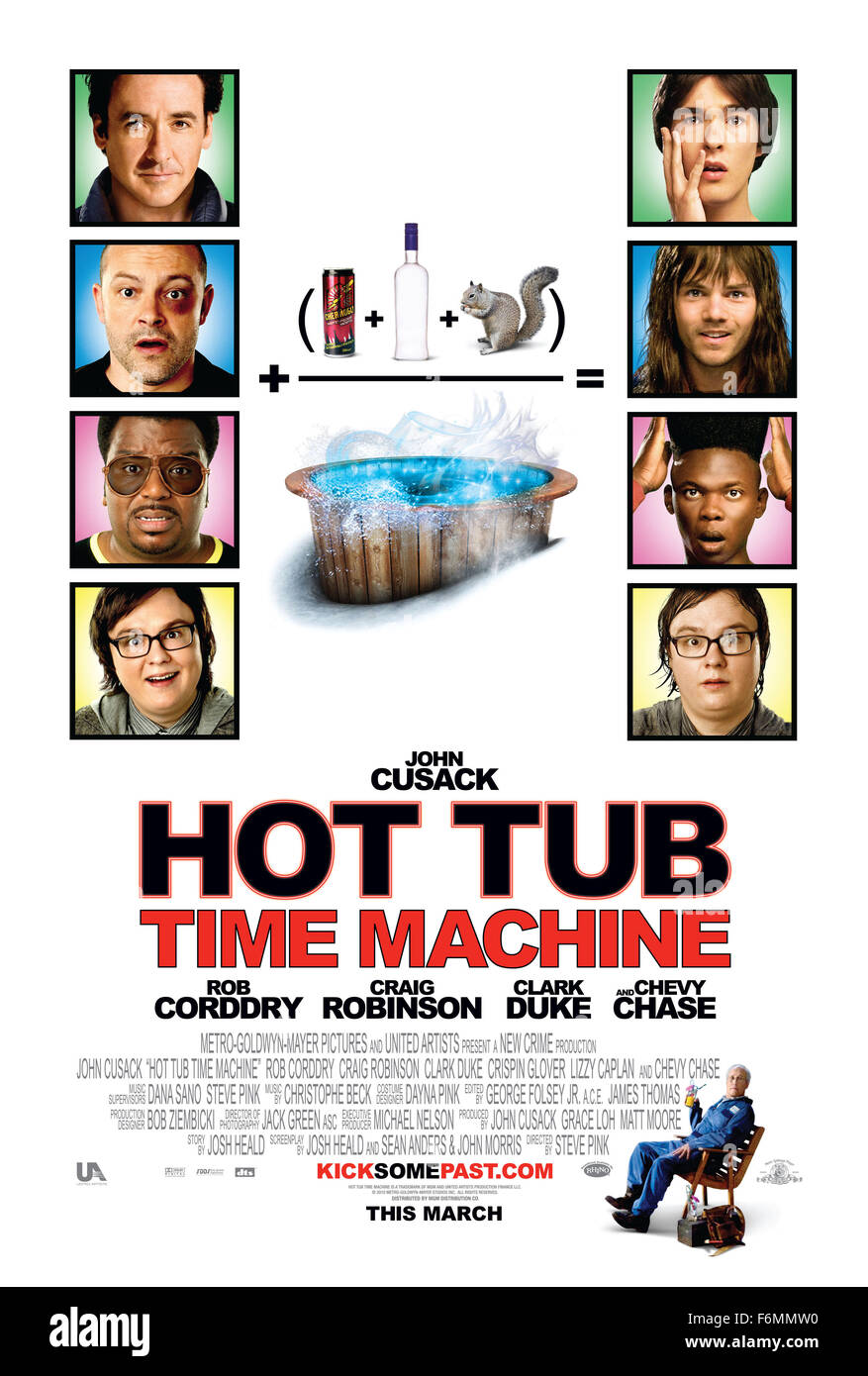 RELEASE DATE: March 26, 2010. MOVIE TITLE: Hot Tub Time Machine. STUDIO: Metro-Goldwyn-Mayer. PLOT: Four guy friends, all of them bored with their adult lives, travel back to their respective 80s heydays thanks to a time-bending hot tub. PICTURED: JOHN CUSACK, CLARK DUKE, CRAIG ROBINSON, ROB CORDDRY. Stock Photo