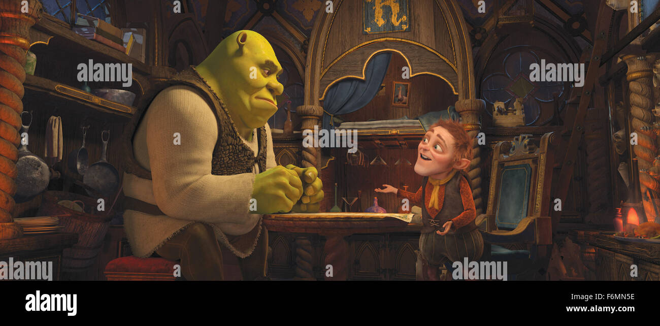 RELEASE DATE: May 21, 2010. MOVIE TITLE: Shrek Forever After. STUDIO: DreamWorks. PLOT: The further adventures of the giant green ogre, Shrek, living in the land of Far, Far Away. PICTURED: MIKE MYERS as Shrek and and WALT DOHRN as Rumpelstiltskin (voice).. Stock Photo