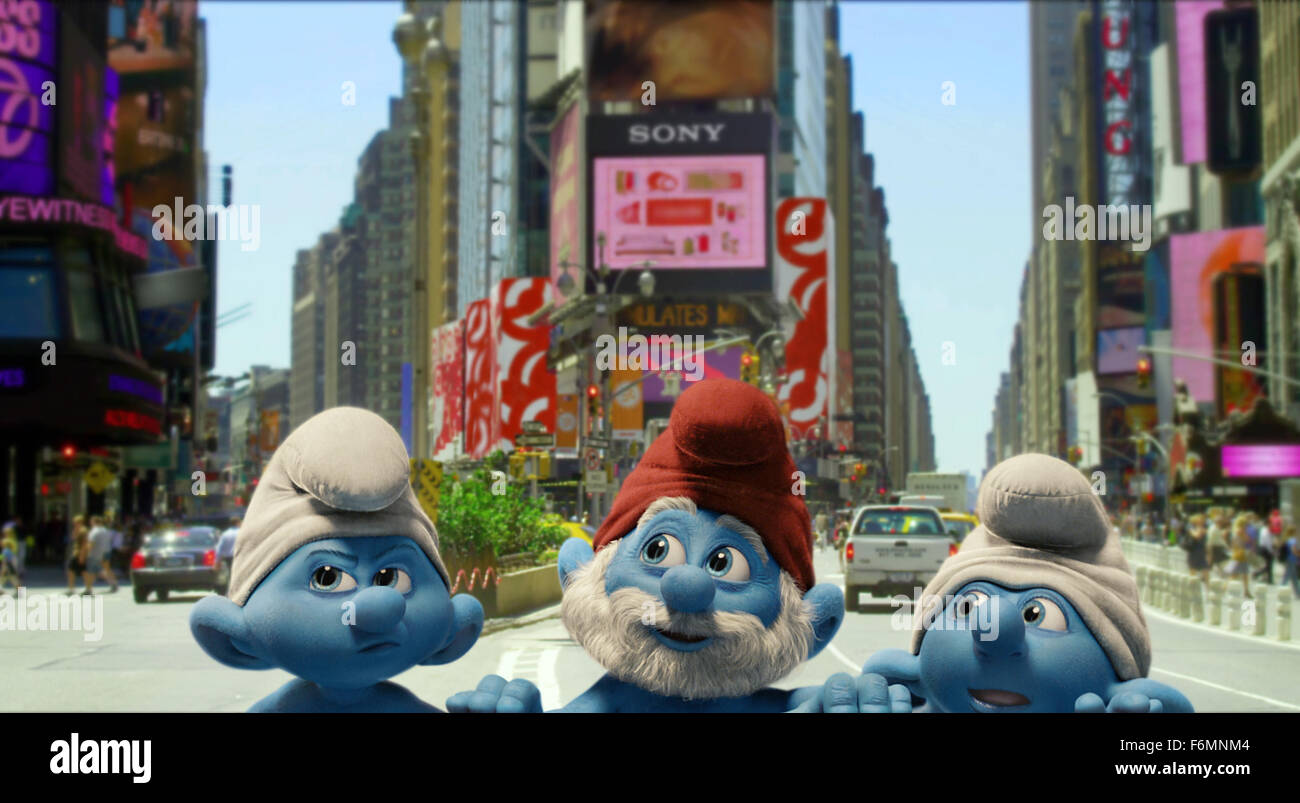 RELEASE DATE: August 3, 2011. MOVIE TITLE: The Smurfs. STUDIO: Columbia Pictures. PLOT: When the evil wizard Gargamel chases the tiny blue Smurfs out of their village, they tumble from their magical world and into ours. PICTURED: Grouchy, Jonathan Winters as Papa Smurf (voice) and Clumsy Smurf in New York. Stock Photo
