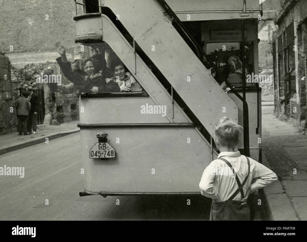 A bus in Berlin after World War II, Germany Stock Photo