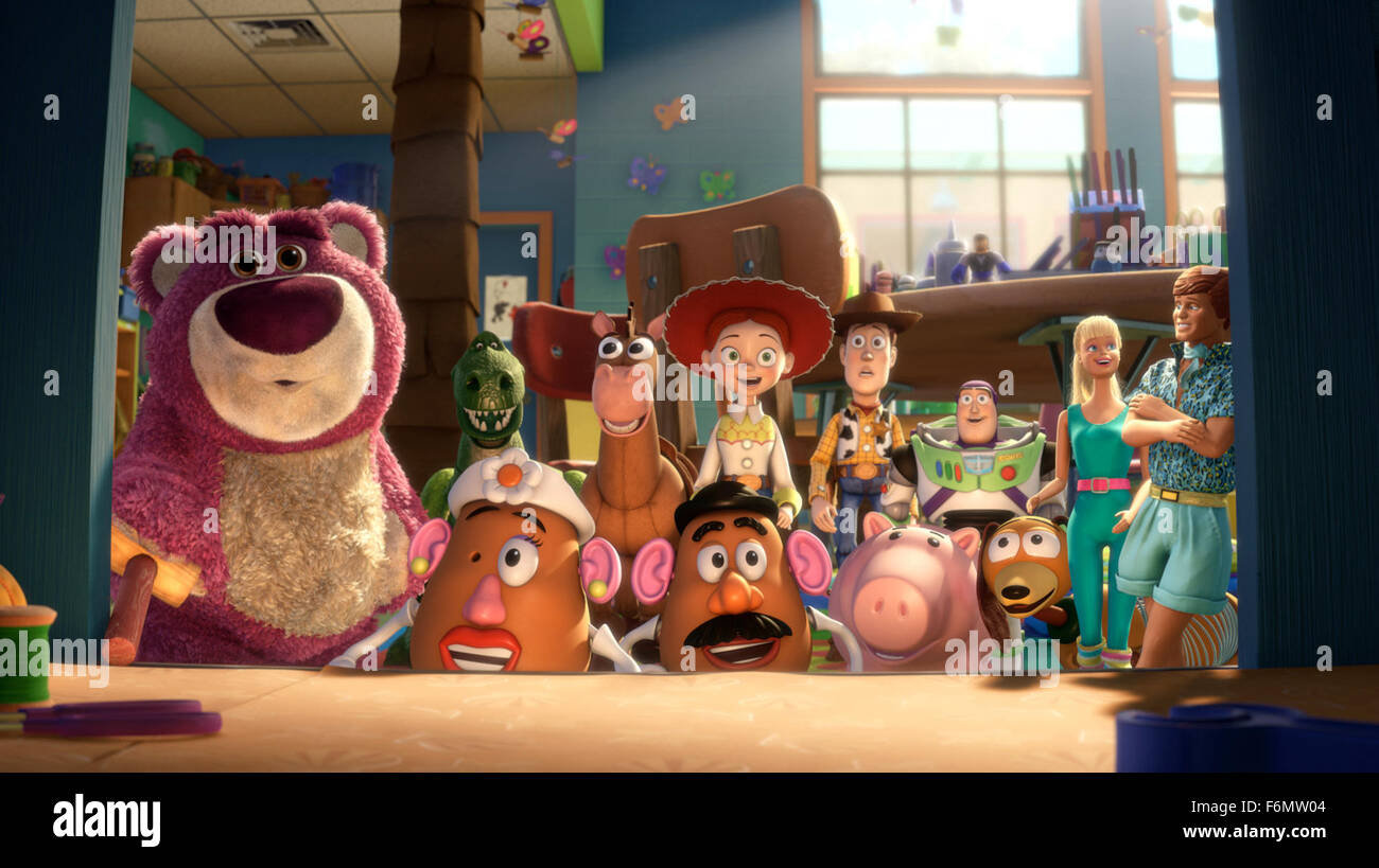 RELEASE DATE: June 18, 2010   MOVIE TITLE: Toy Story 3   STUDIO: Disney Pixar   DIRECTOR: Lee Unkrich   PLOT: Woody, Buzz, and the rest of their toy-box friends are dumped in a day-care center after their owner, Andy, departs for college   PICTURED: (L-R) Lots-o'-Huggin' Bear, Rex, Mrs. Potato Head, Bullseye, Mr. Potato Head, Jessie, Woody, Hamm, Buzz Lightyear, Slinky Dog, Barbie, Ken   (Credit Image: c Disney Pixar/Entertainment Pictures) Stock Photo