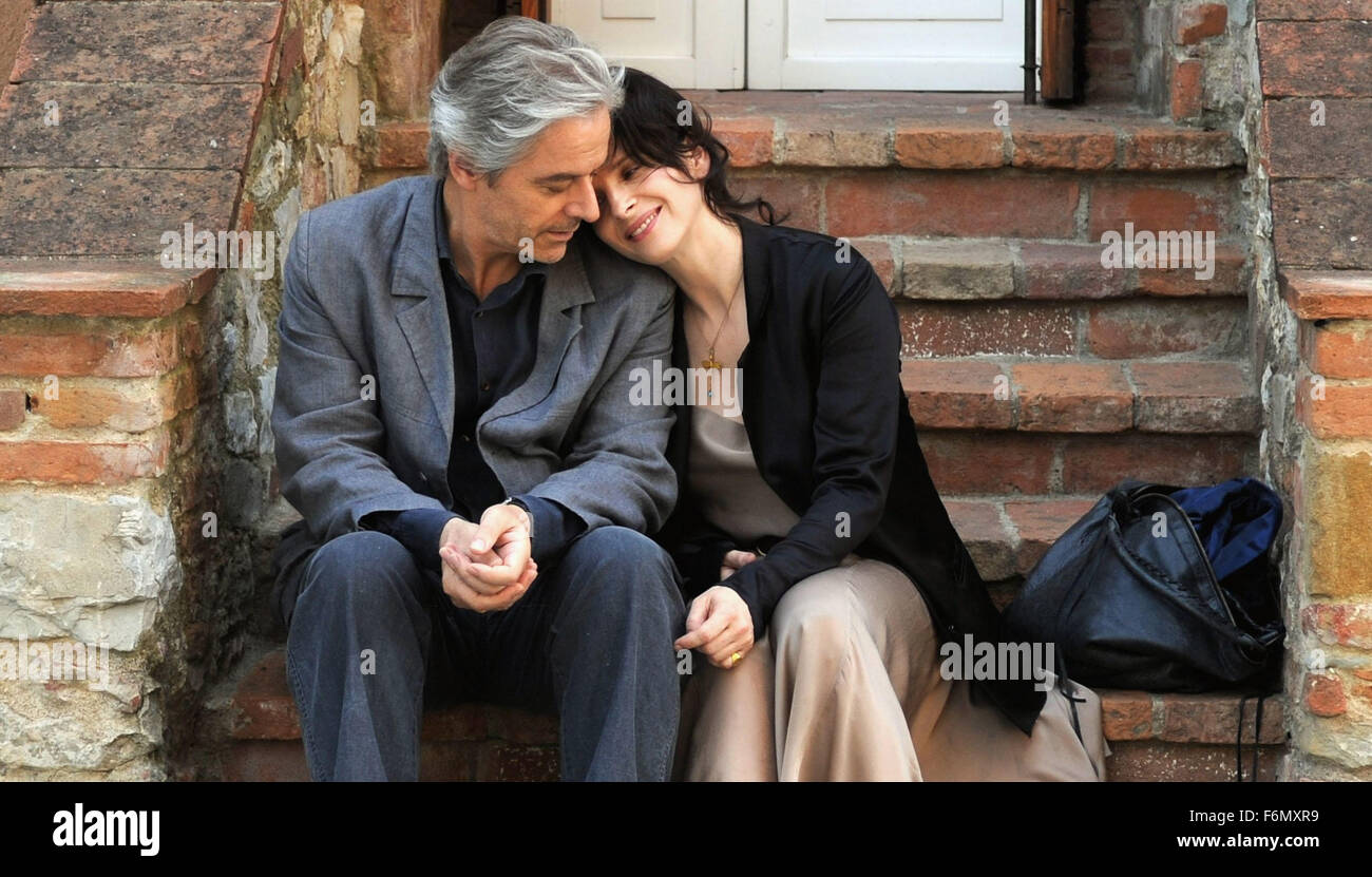 RELEASE DATE: October 1, 2010. MOVIE TITLE: Certified Copy. STUDIO: MK2 Productions. PLOT: In Tuscany to promote his latest book, a middle-aged English writer meets a French woman who leads him to the village of Lucignano. PICTURED: JULIETTE BINOCHE as Elle and WILLIAM SHIMELL as James Miller. Stock Photo