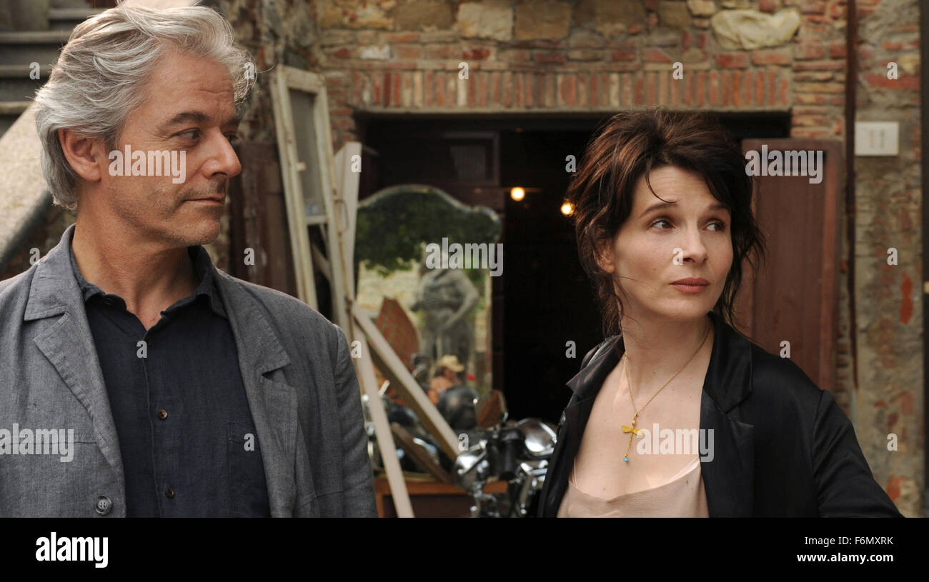 RELEASE DATE: October 1, 2010. MOVIE TITLE: Certified Copy. STUDIO: MK2 Productions. PLOT: In Tuscany to promote his latest book, a middle-aged English writer meets a French woman who leads him to the village of Lucignano. PICTURED: JULIETTE BINOCHE as Elle and WILLIAM SHIMELL as James Miller. Stock Photo