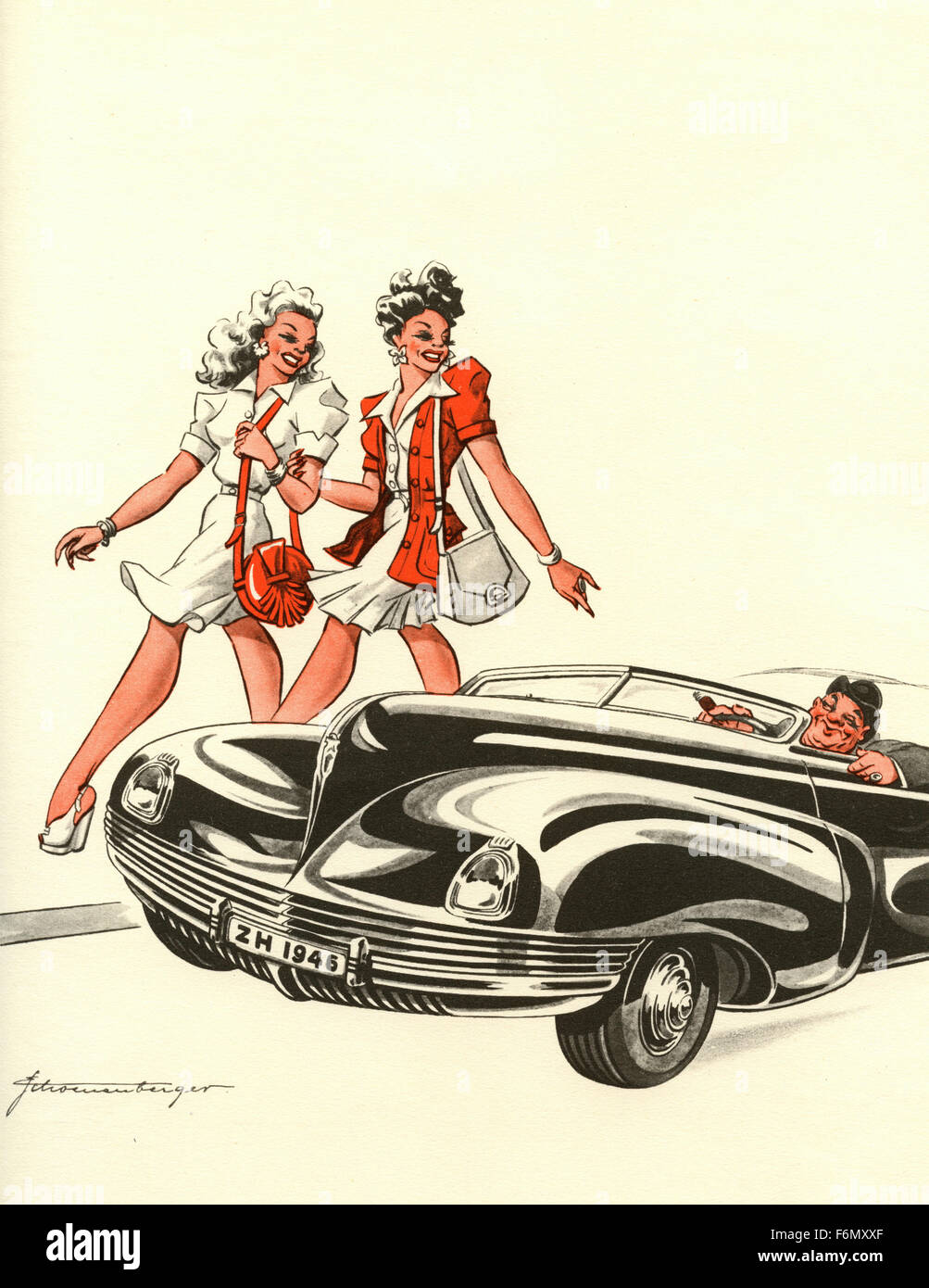German satirical illustrations 1950: A man in car wooing two girls Stock Photo