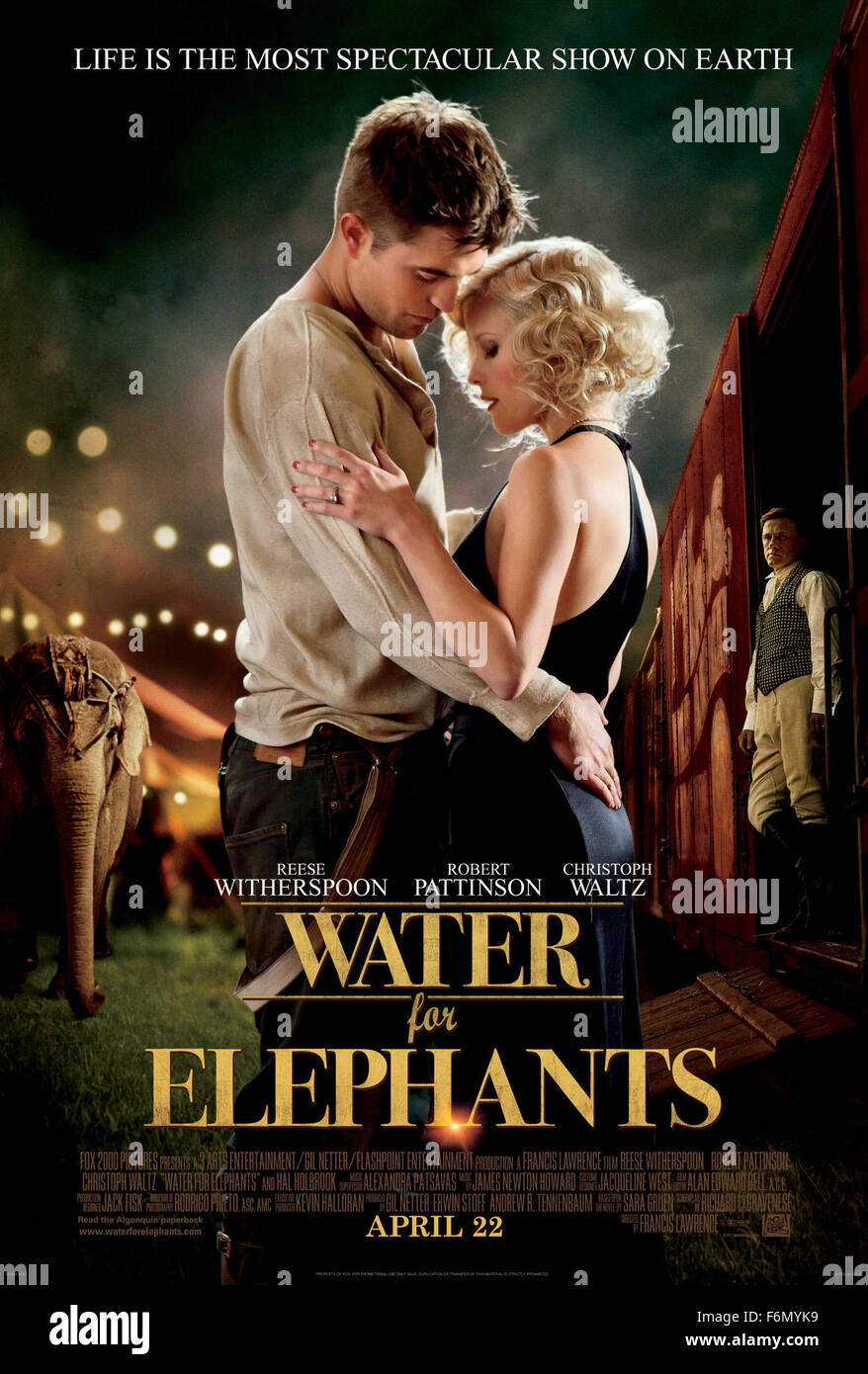 RELEASE DATE: April 22, 2011  MOVIE TITLE: Water for Elephants  STUDIO: 3 Arts Entertainment  DIRECTOR: Francis Lawrence  PLOT: A veterinary student abandons his studies after his parents are killed and joins a traveling circus as their vet  PICTURED: REESE WITHERSPOON as Marlena Rosenbluth, ROBERT PATTINSON as Jacob Jankowski  (Credit Image: c 3 Arts Entertainment/Entertainment Pictures) Stock Photo