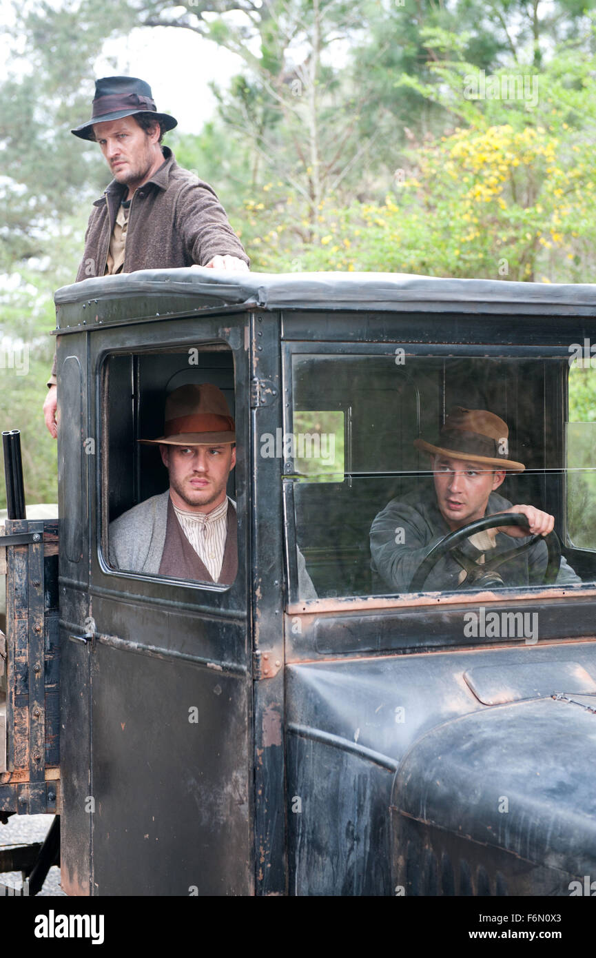 RELEASE DATE: August 31, 2012   MOVIE TITLE: Lawless  STUDIO: The Weinstein Company   PLOT: Set in the Depression-era Franklin County, Virginia, a bootlegging gang is threatened by authorities who want a cut of their profits   PICTURED: Director JOHN HILLCOAT, (L-R) JASON CLARKE as Howard Bondurant, TOM HARDY as Forrest Bondurant and SHIA LABEOUF as Jack Bondurant   (Credit Image: c The Weinstein Company/Entertainment Pictures) Stock Photo