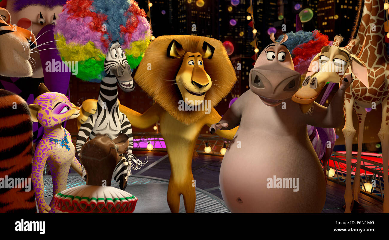 RELEASE DATE: June 8, 2012   MOVIE TITLE: Madagascar 3: Europe's Most Wanted   STUDIO: Dreamworks   DIRECTOR: Eric Darnell, Tom McGrath and Conrad Vernon  PLOT: Alex, Marty, Gloria and Melman are still fighting to get home to their beloved Big Apple. Their journey takes them through Europe where they find the perfect cover: a traveling circus, which they reinvent - Madagascar style   PICTURED: Vitaly the Tiger (Bryan Cranston), Gia the Jaguar (Jessica Chastain), Marty the Zebra (Chris Rock), Alex the Lion (Ben Stiller), Gloria the Hippo (Jada Pinkett Smith) and Melman the Giraffe (David Schwim Stock Photo