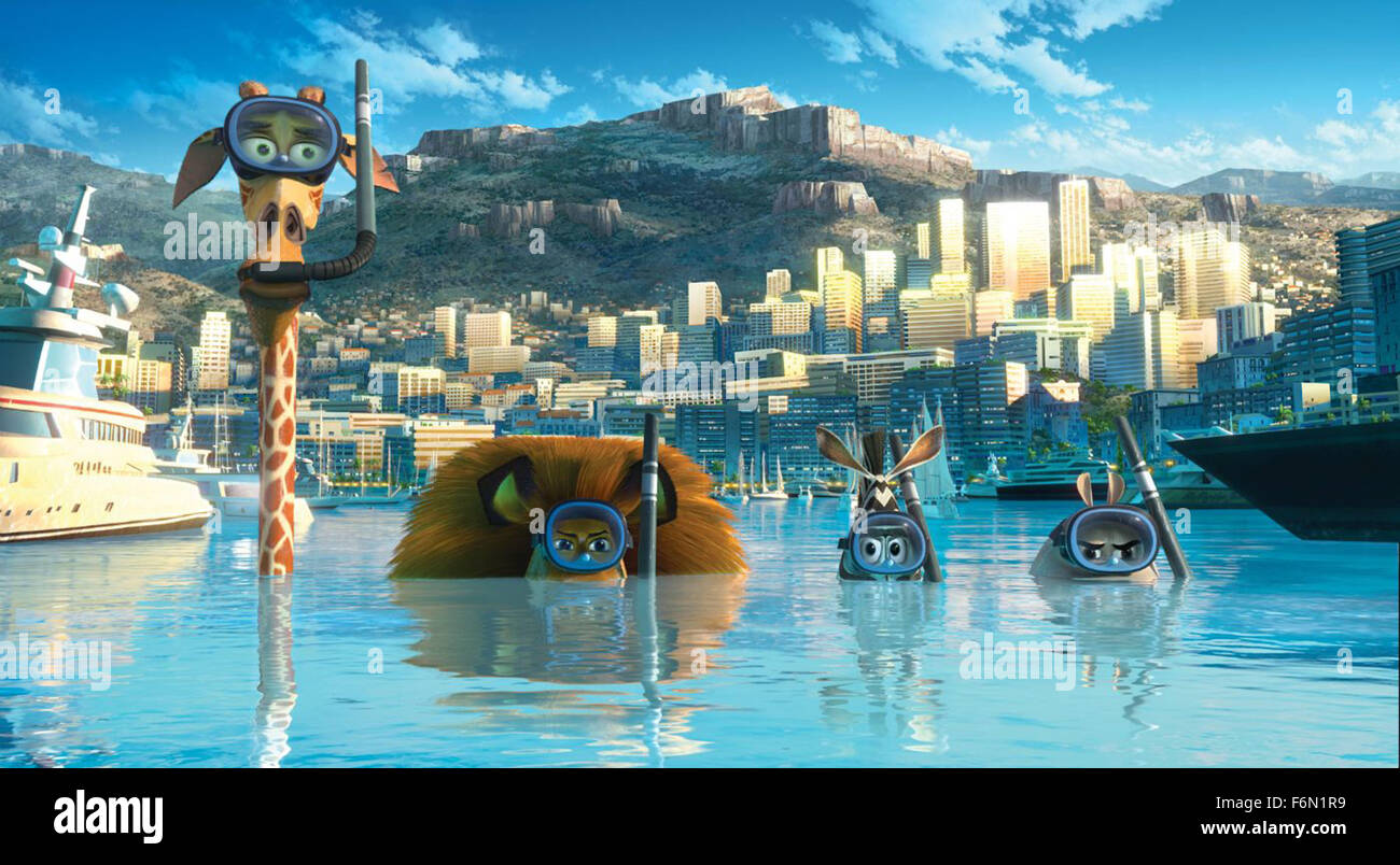 RELEASE DATE: June 8, 2012 MOVIE TITLE: Madagascar 3: Europe's Most Wanted  STUDIO: Dreamworks  DIRECTOR: Eric Darnell, Tom McGrath and Conrad Vernon  PLOT: Alex, Marty, Gloria and Melman are still fighting to get home to their beloved Big Apple. Their journey takes them through Europe where they find the perfect cover: a traveling circus, which they reinvent - Madagascar style PICTURED: Marty the Zebra (Chris Rock), Alex the Lion (Ben Stiller), Gloria the Hippo (Jada Pinkett Smith) and Melman the Giraffe (David Schwimmer) (Credit Image: c Dreamworks/Entertainment Pictures) Stock Photo