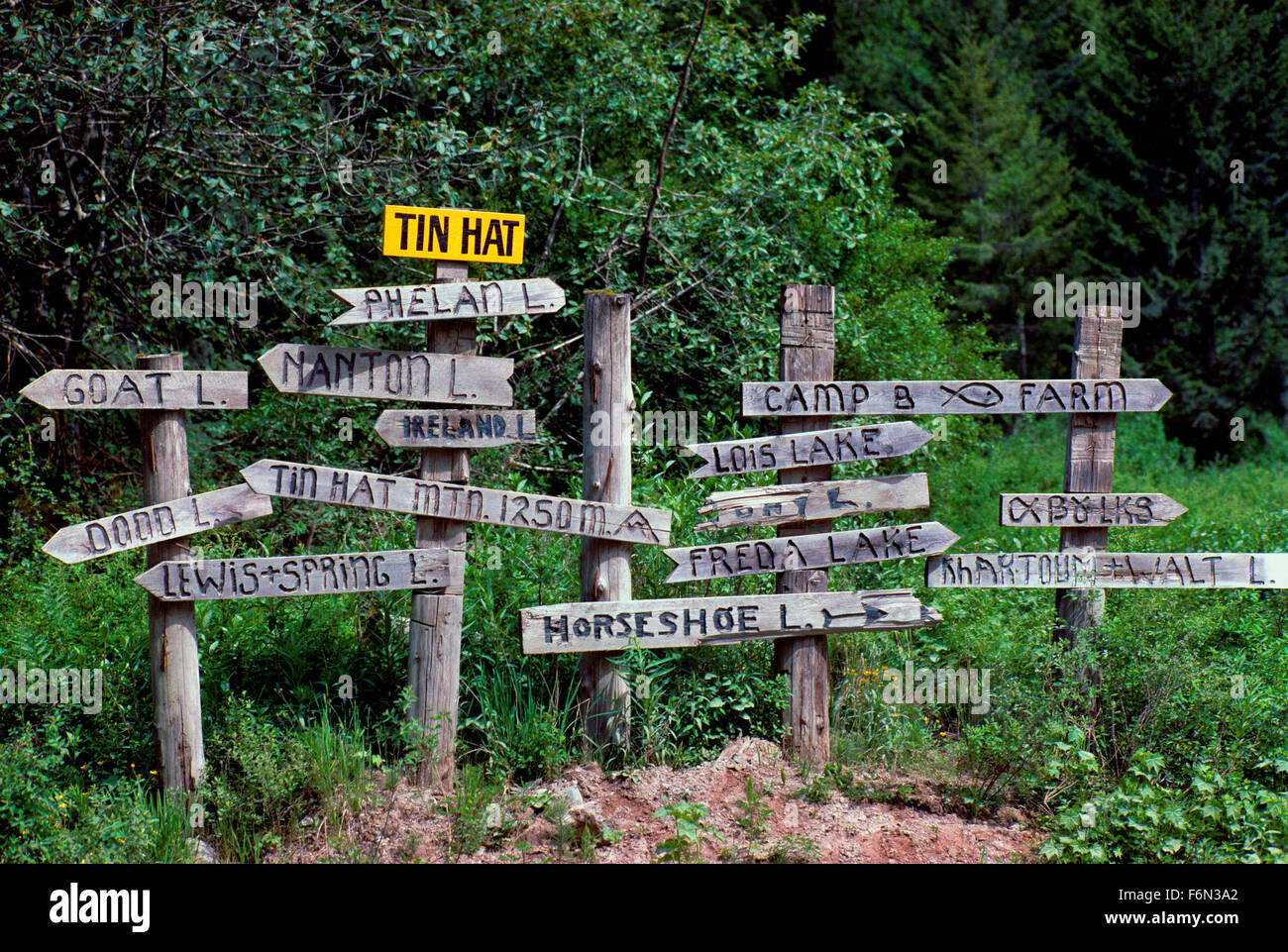 Direction Signs along Hiking Trails near Powell River on the Sunshine Coast, BC, British Columbia, Canada Stock Photo