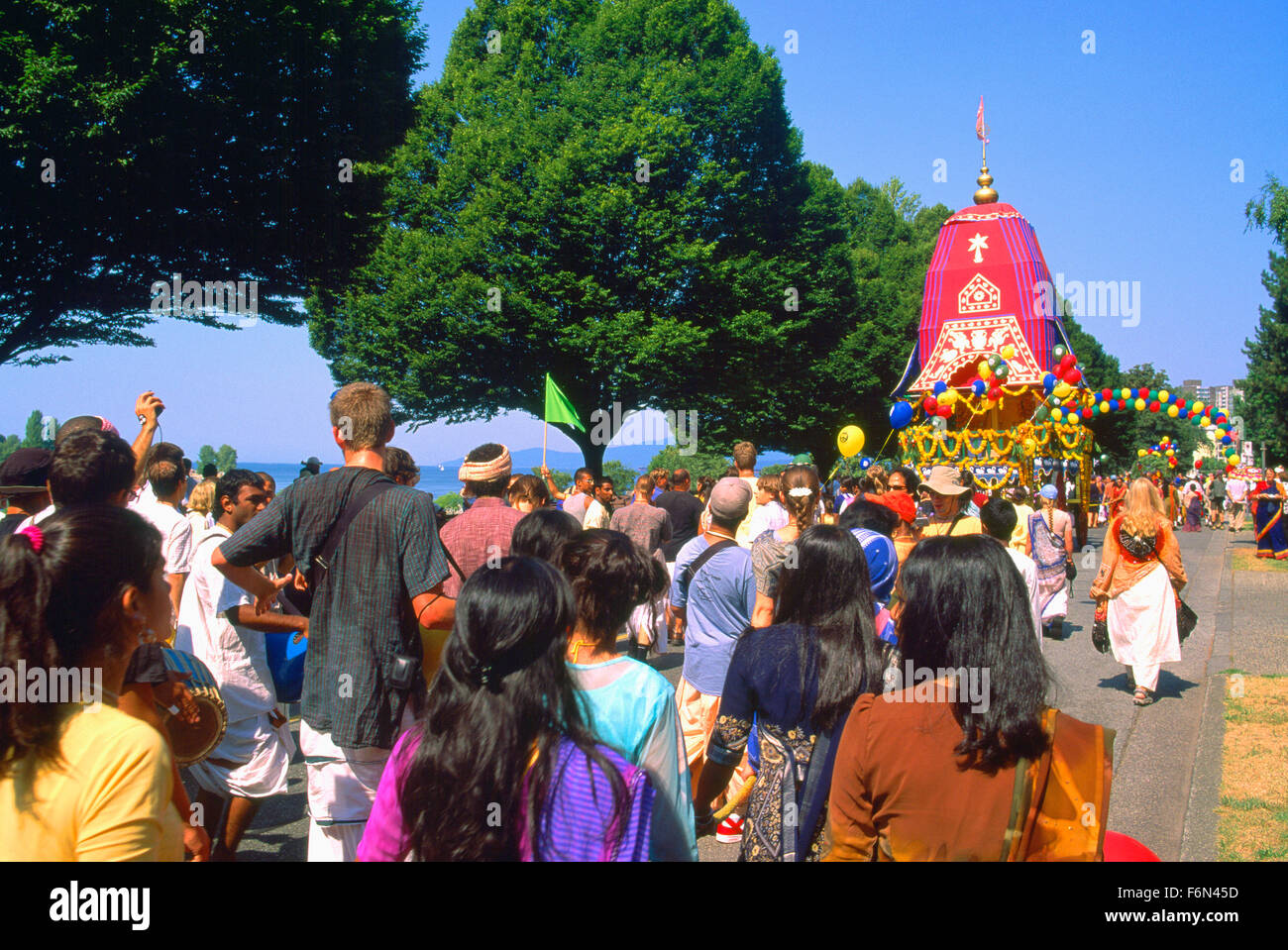 Hare Krishna Chariot Parade and Festival of India, Vancouver, BC, British Columbia, Canada - Devotees walking with Float Stock Photo