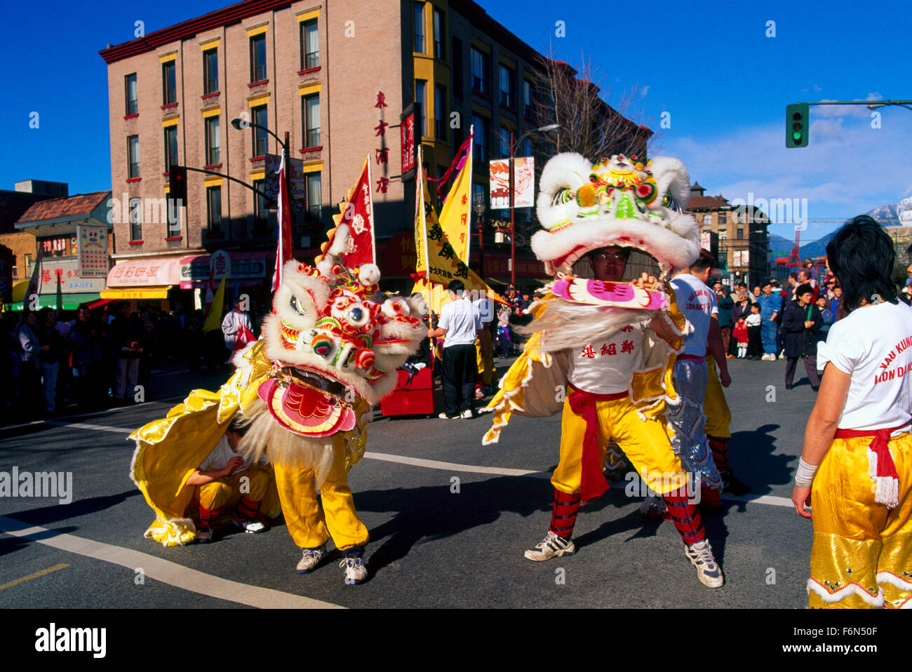 Chinese New Year Lion Dance (aka Dragon Dance) at Parade and Celebration - Chinatown, Vancouver, BC, British Columbia, Canada Stock Photo