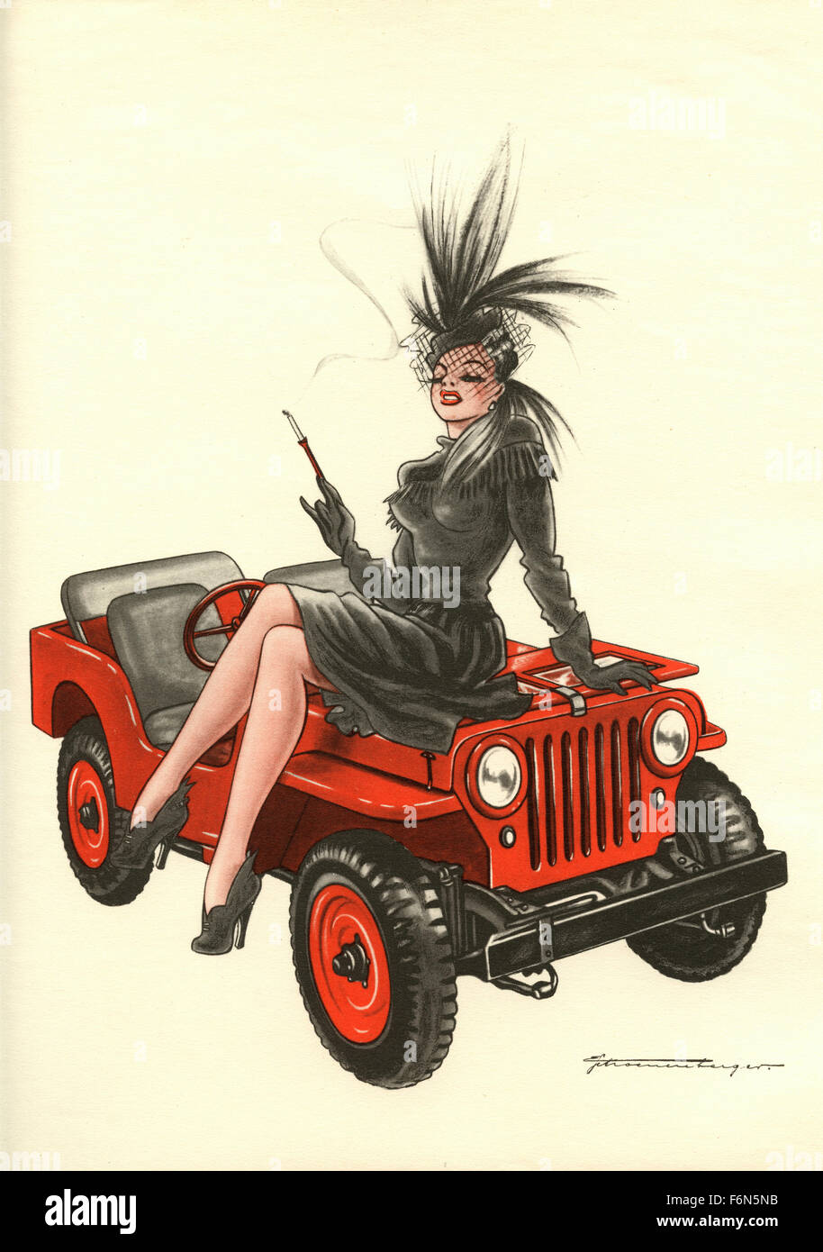 German satirical illustrations 1950: A woman sitting on an off-road car Stock Photo