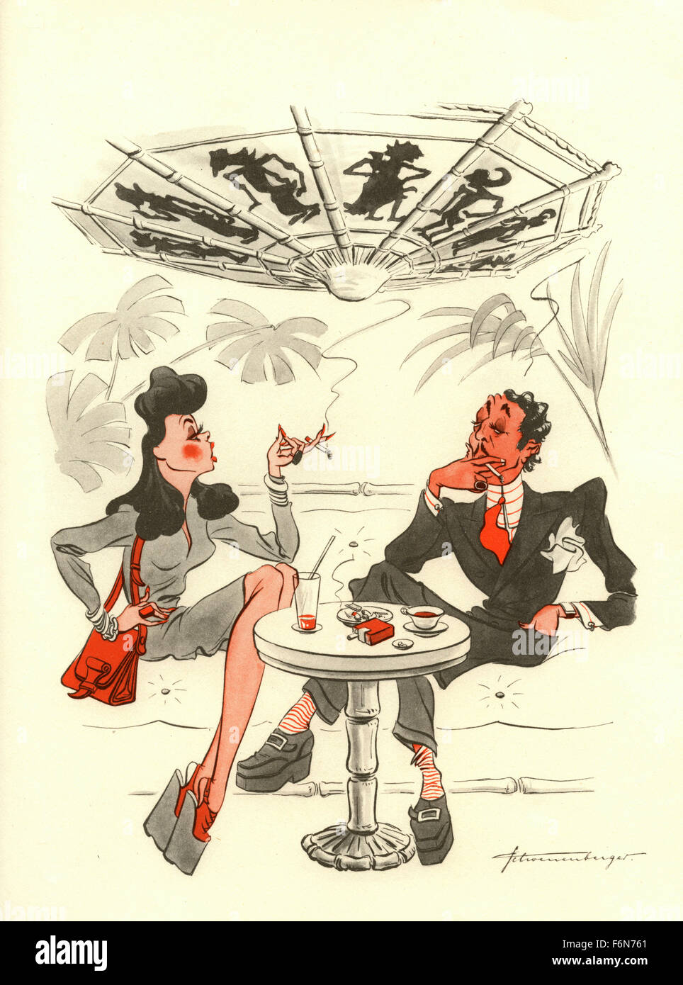 German satirical illustrations 1950: A man and a woman arguing in the bar Stock Photo