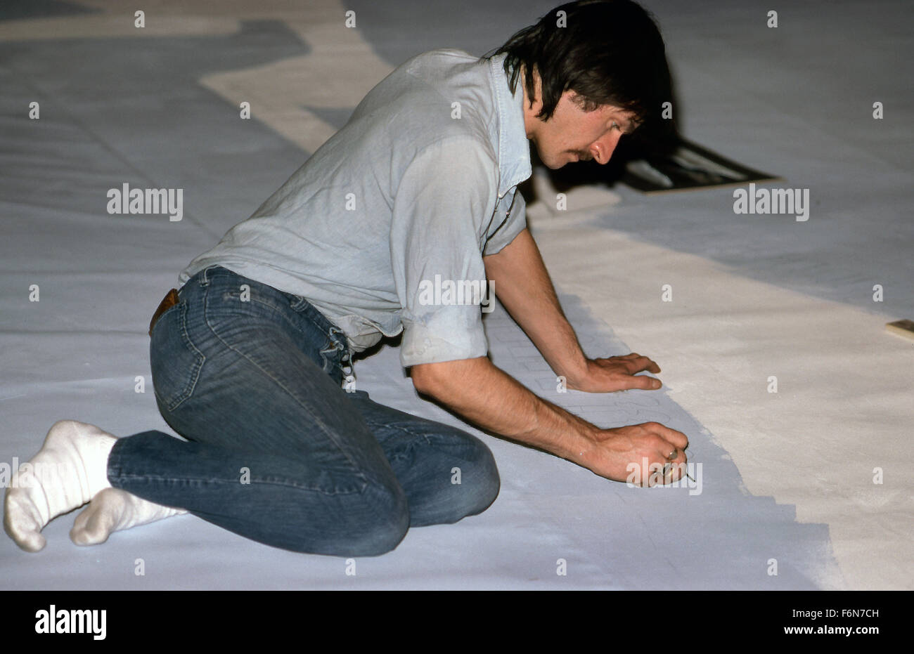 Paul Whitehead painting billboard in 1977 for Eyes and Ears project in Los Angeles Stock Photo