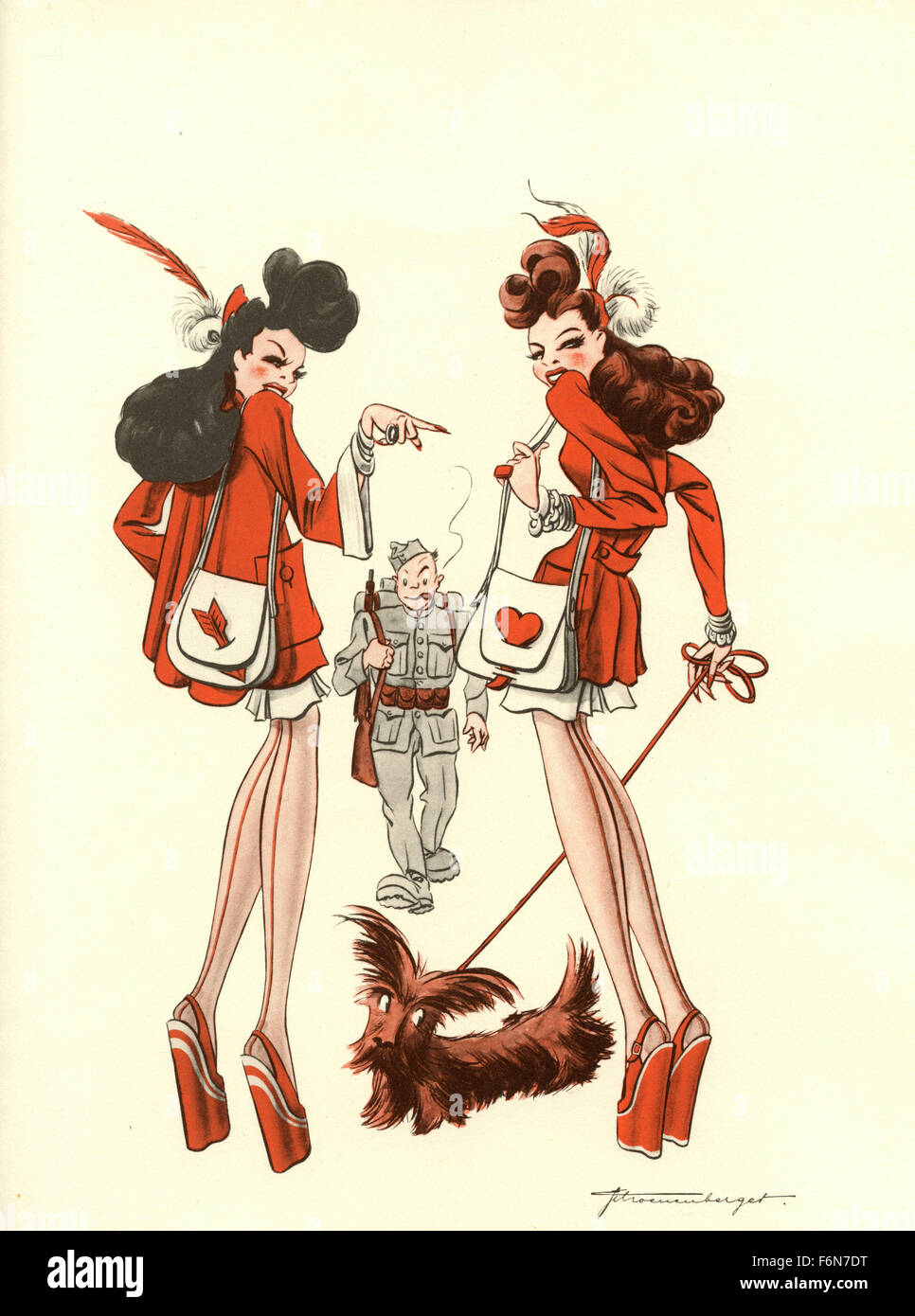 German satirical illustrations 1950: Two women, a dog, and a soldier Stock Photo
