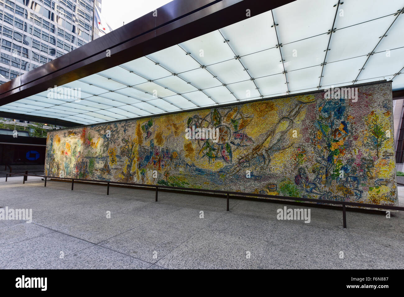 Chicago - September 6, 2015: Four Seasons is a mosaic by Marc Chagall that is located in Chase Tower Plaza in the Loop district Stock Photo