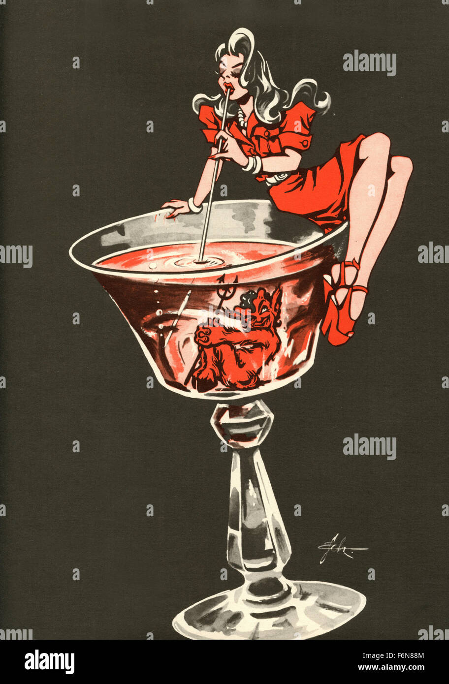 German satirical illustrations 1950 A woman drinking through a straw