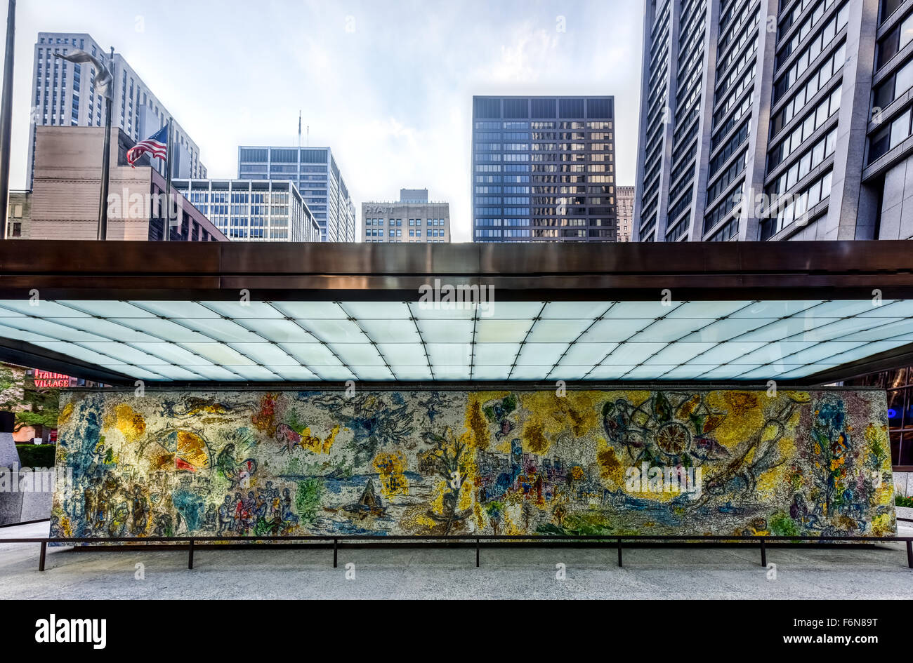 Chicago - September 6, 2015: Four Seasons is a mosaic by Marc Chagall that is located in Chase Tower Plaza in the Loop district Stock Photo