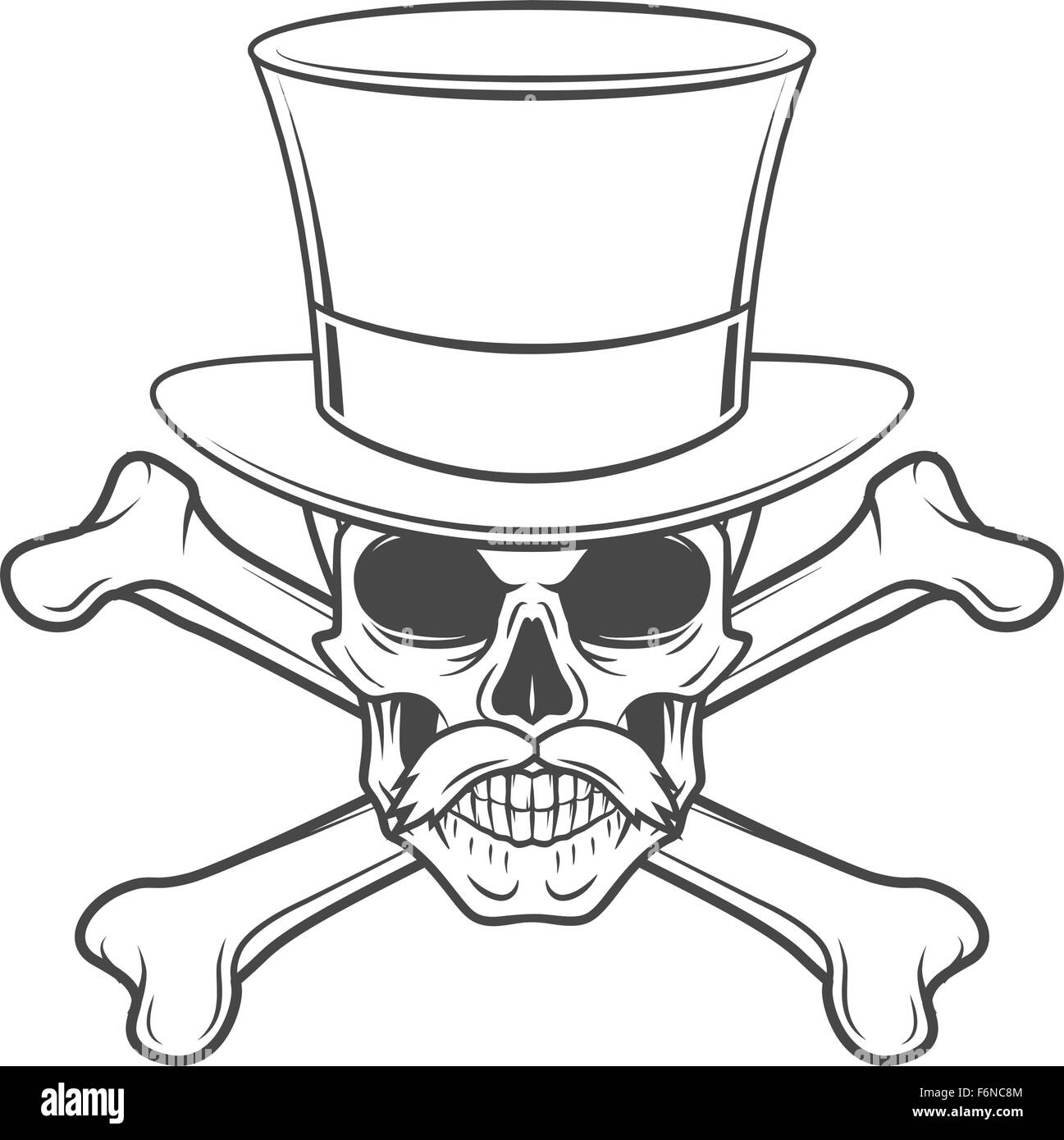 Outlaw skull with mustache, high hat and crossbones portrait. Crossbones head hunter logo template. Steampunk rover t-shirt insignia design Stock Vector