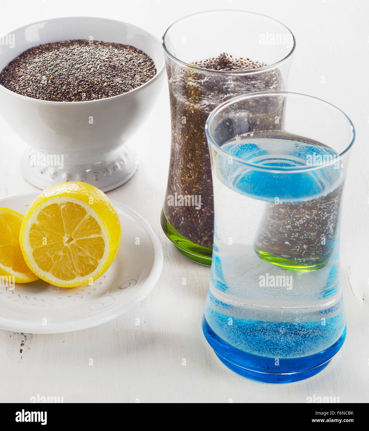 Chia seeds drink with a water  and lime. Selective focus Stock Photo