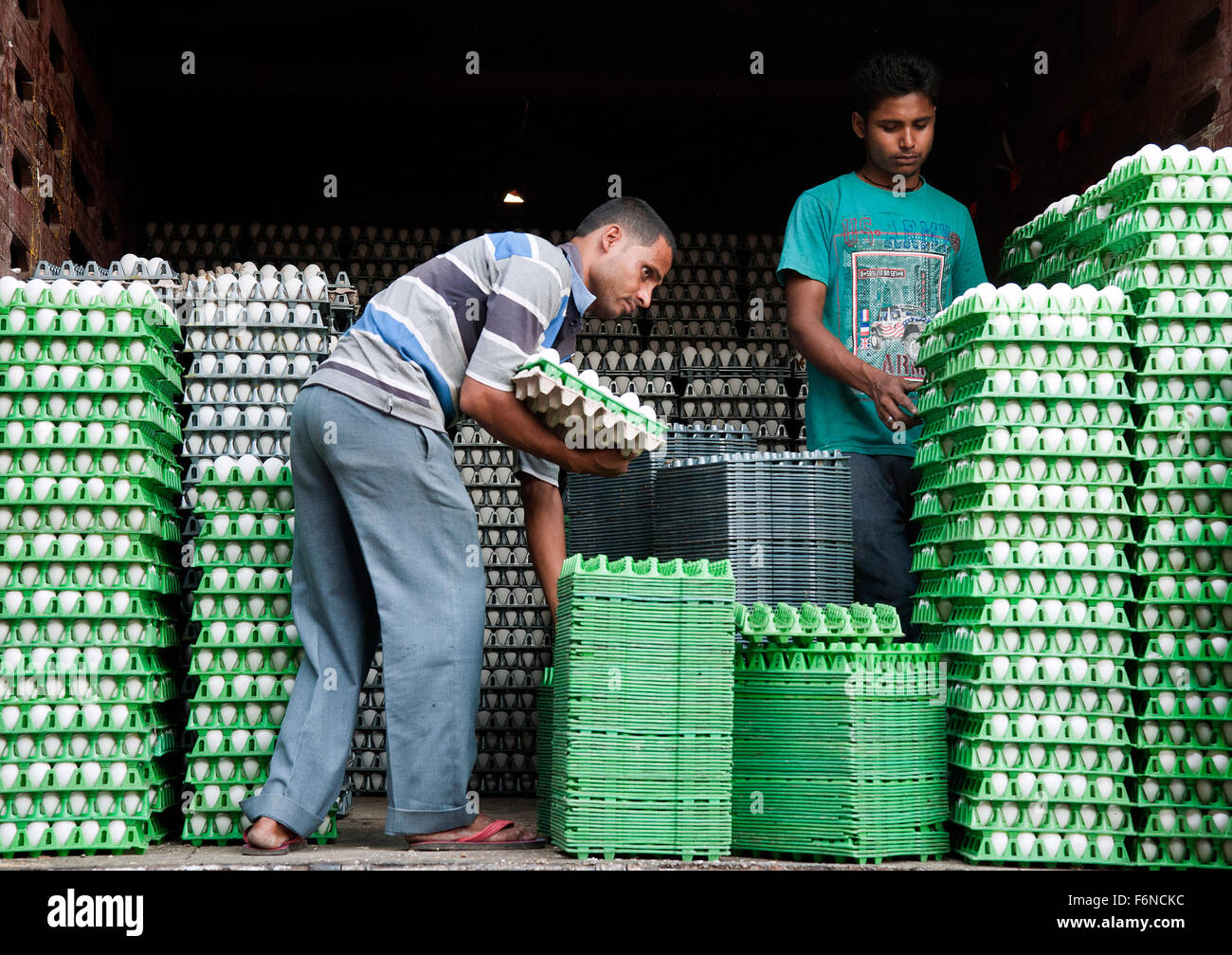 The image of Eggs unloading was taken in Crawford market,  Mumbai, India Stock Photo