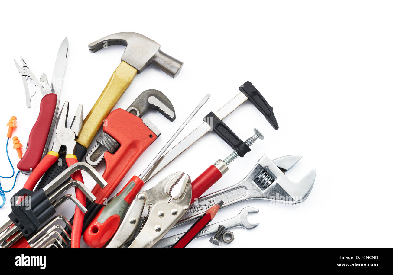 various type of tools on white background with copy space Stock Photo