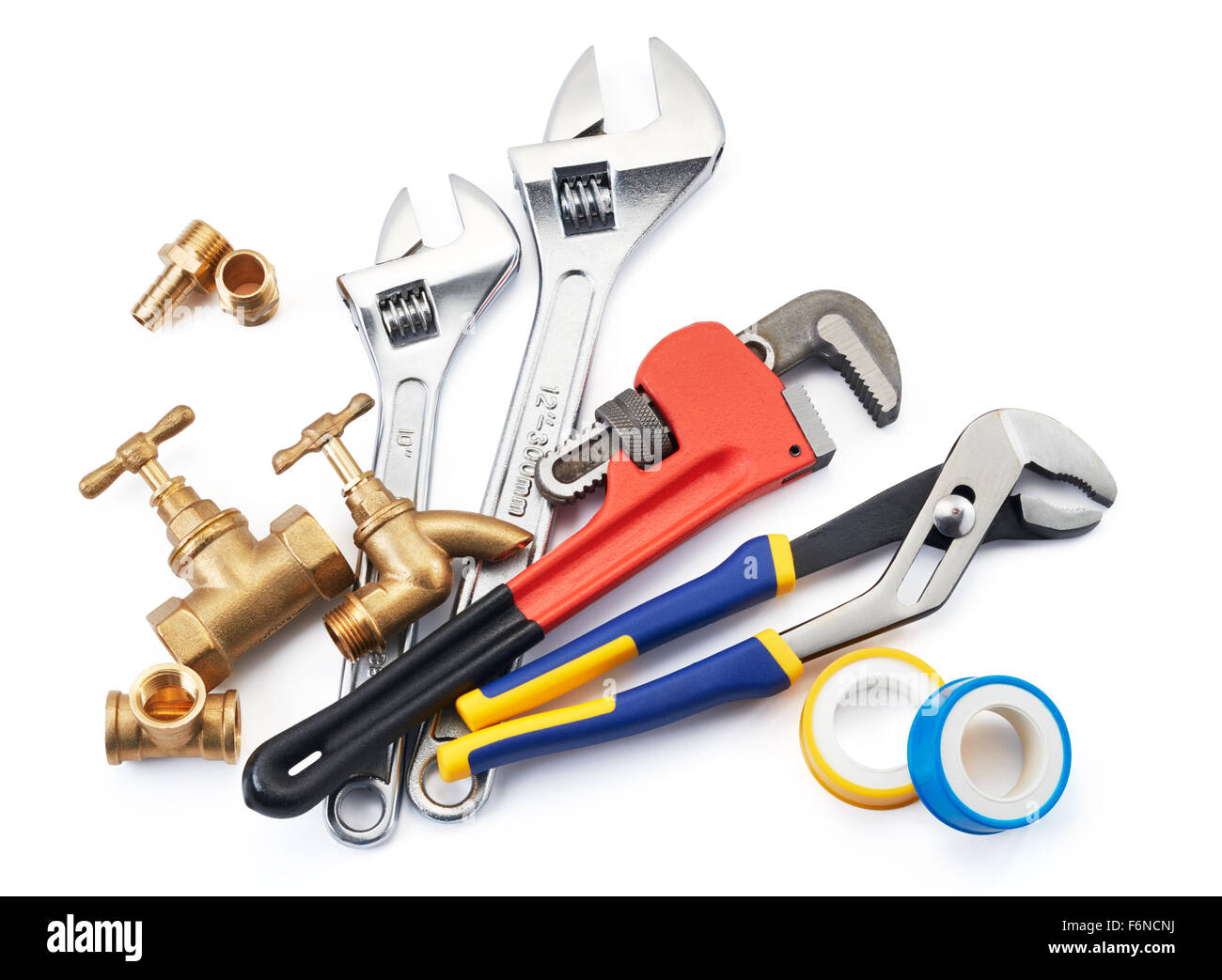 various type of plumbing tools on white background Stock Photo