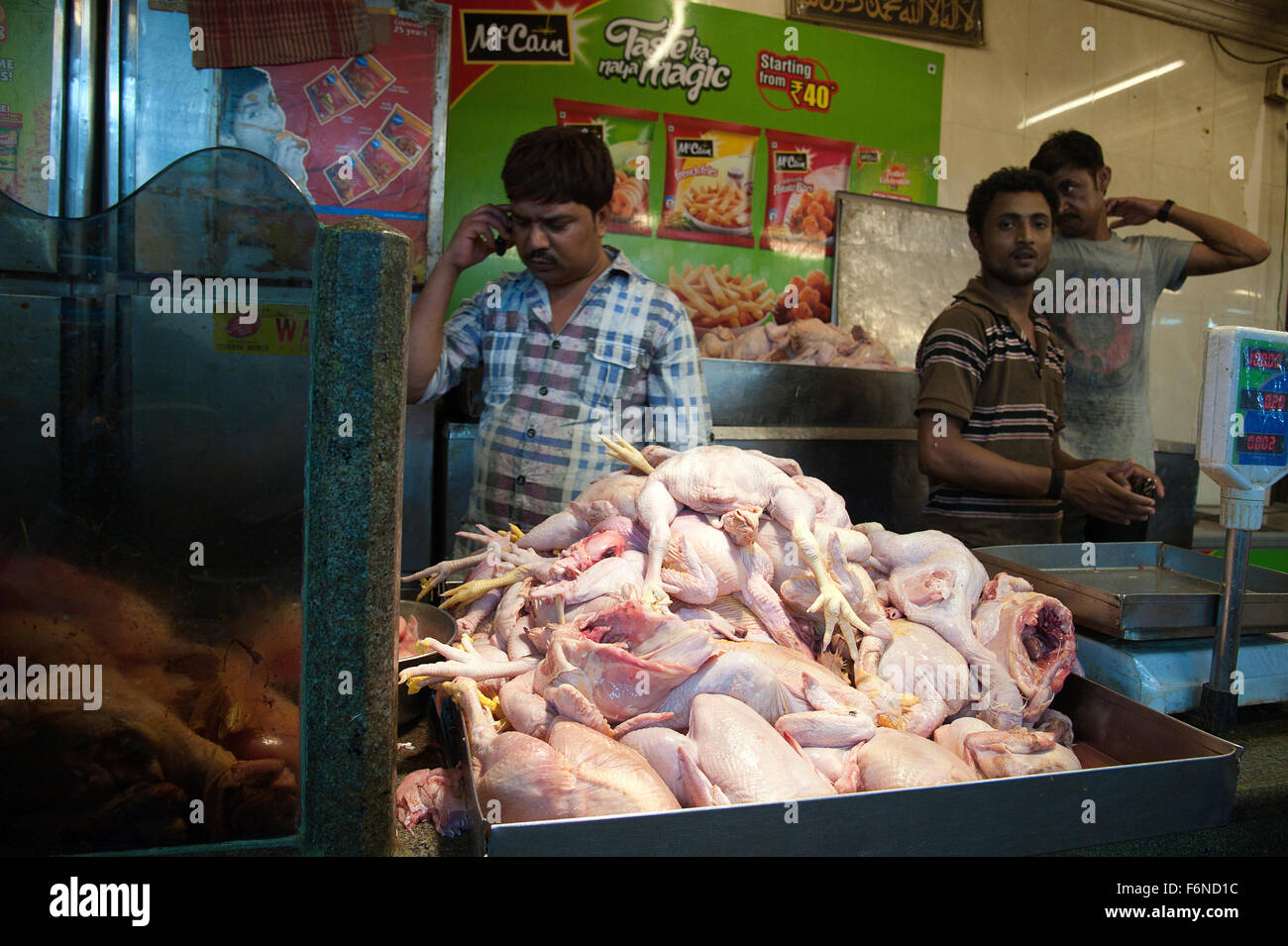 The image of Chicken shop was taken in Crawford Market, Mumbai, India