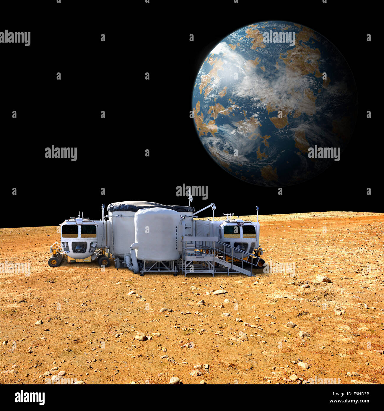 An artist's depiction of a lunar base on a barren moon. The moon's Earth-like planet rises in the background. The small colony i Stock Photo