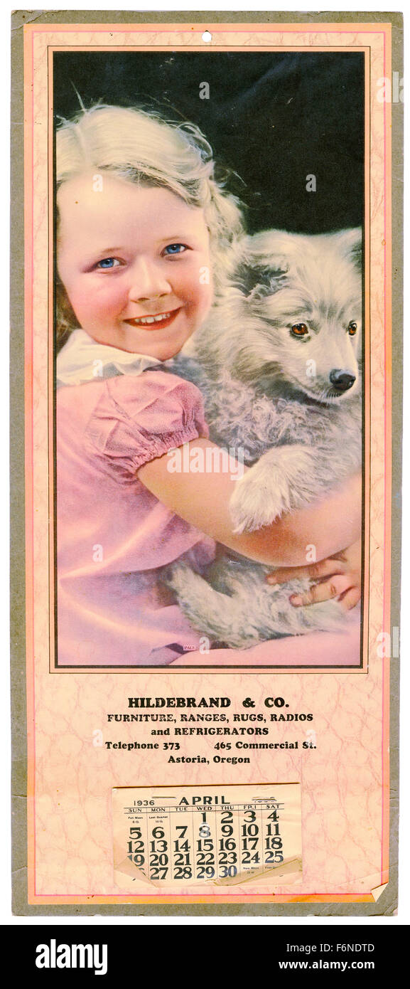 April 1936 calendar from Hildebrand Furniture in Astoria, Oregon Stock