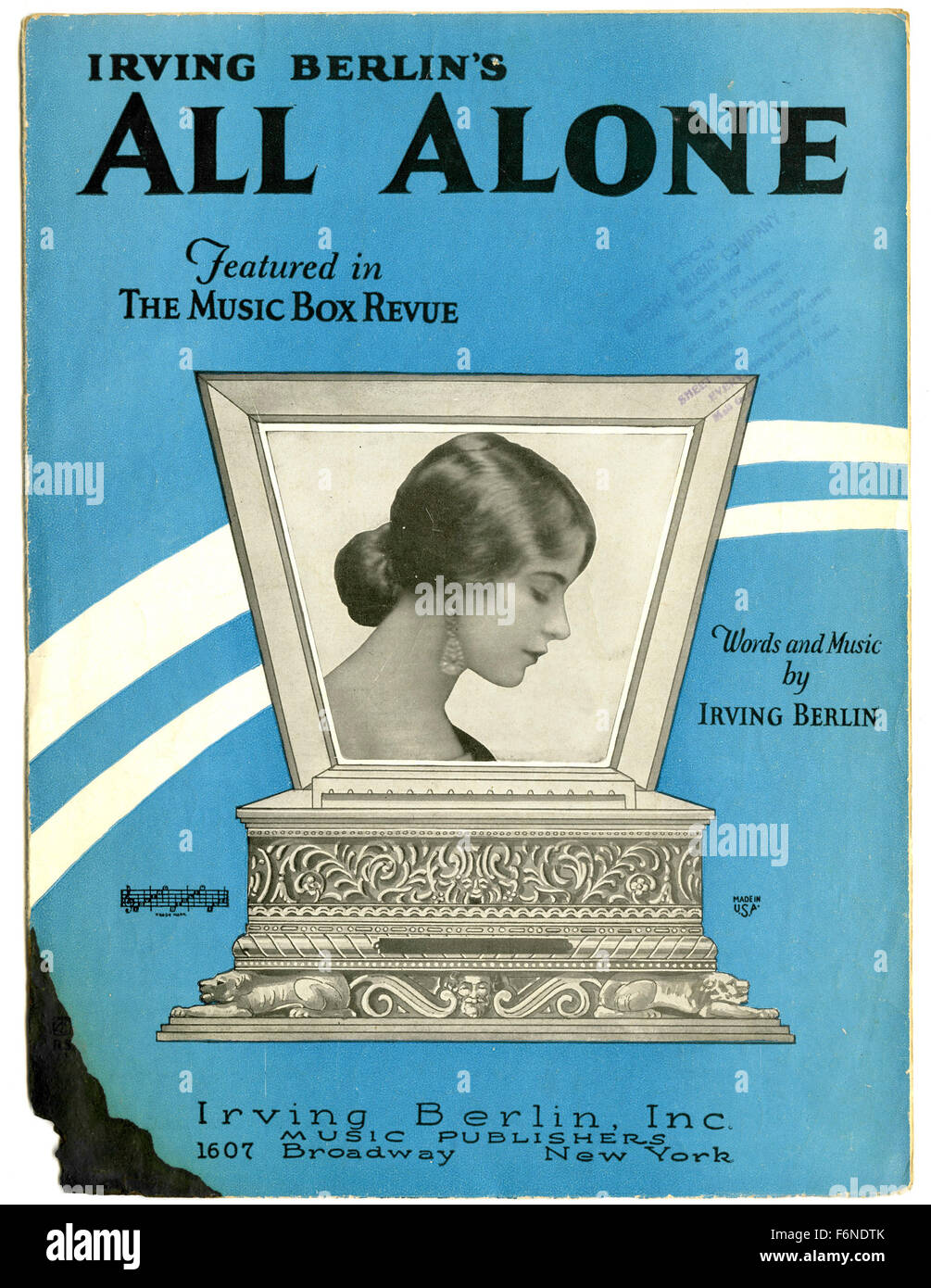 'All Alone' by Irving Berlin, featured in The Music Box Revue, piano sheet music cover 1924 Stock Photo