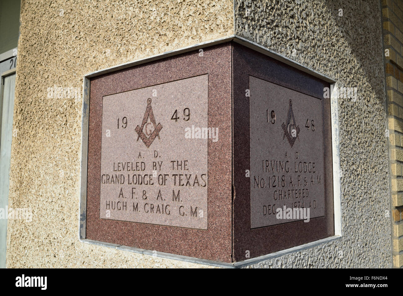 Cornerstone of the Irving, Texas Masonic Lodge in downtown Irving, TX