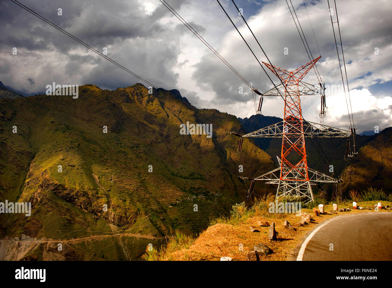 transmission tower, power tower, electricity tower, En route, badrinath, uttarakhand, india, asia Stock Photo