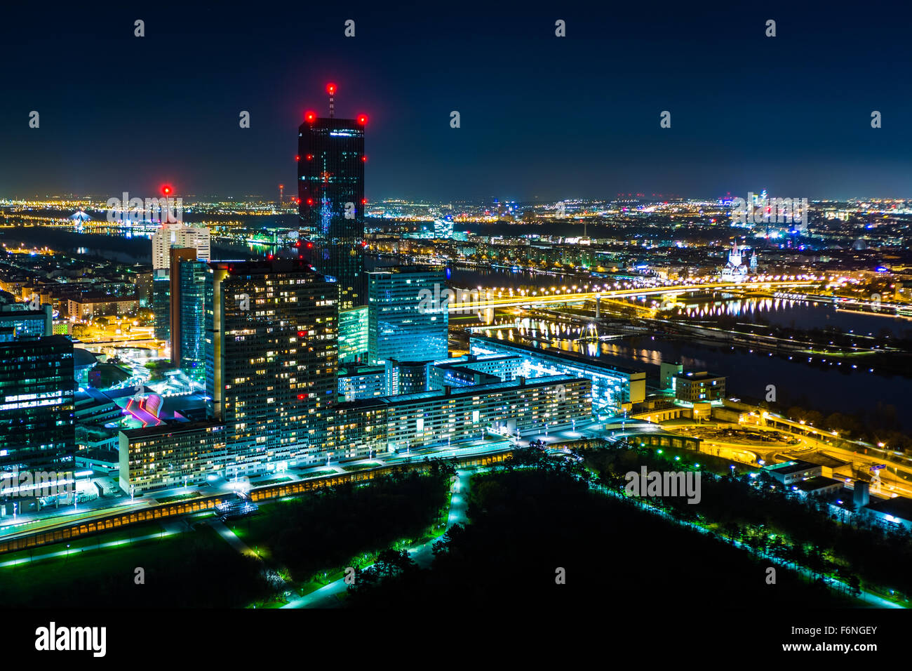 View of Donau City at night, from the Donauturm, in Vienna, Austria. Stock Photo
