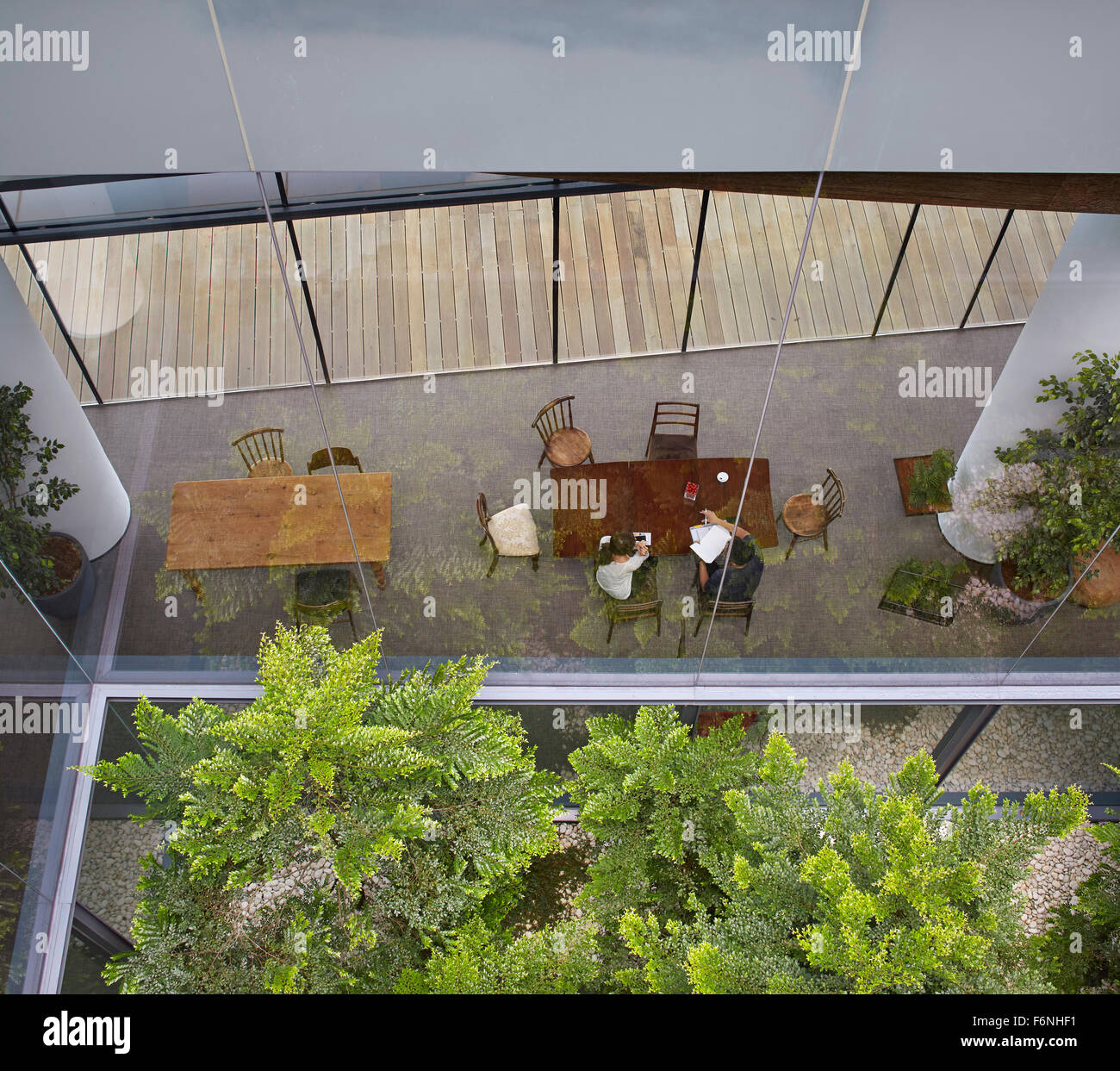 Meeting area with exterior courtyard viewed from above. BreadTalk IHQ, Singapore, Singapore. Architect: Kay Ngeee Tan Architects Stock Photo