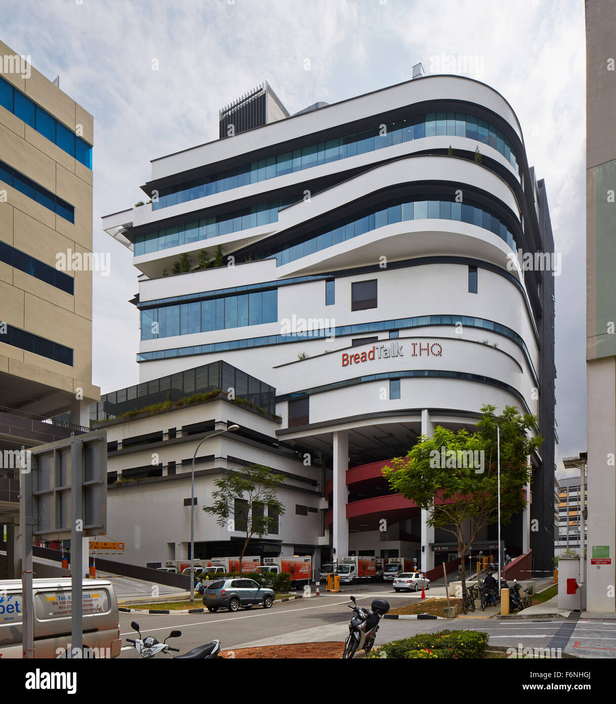 Elevation of rear entrance. BreadTalk IHQ, Singapore, Singapore. Architect: Kay Ngeee Tan Architects, 2014. Stock Photo