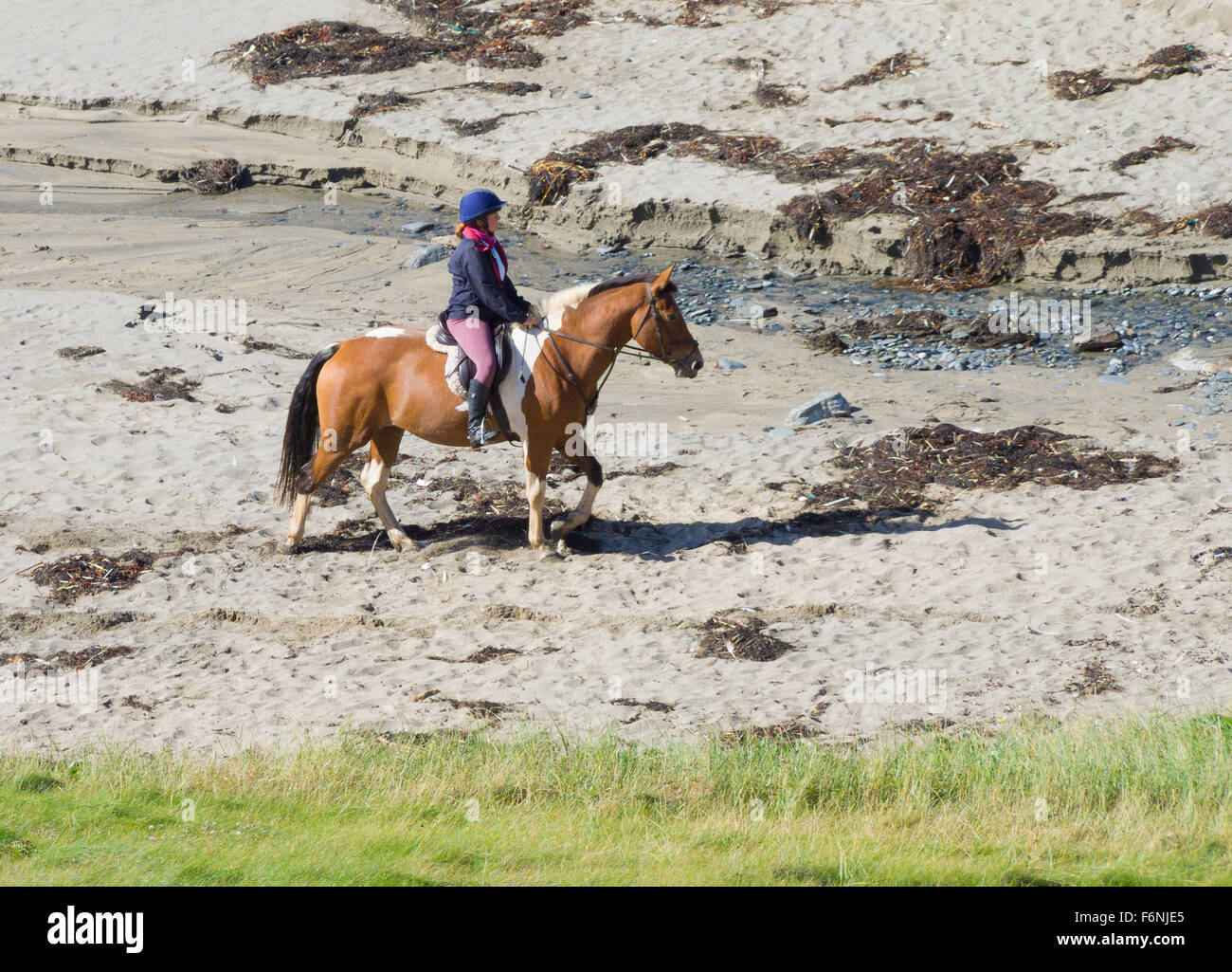 Woman Riding a Horse on a Sandy Beach, UK Stock Photo