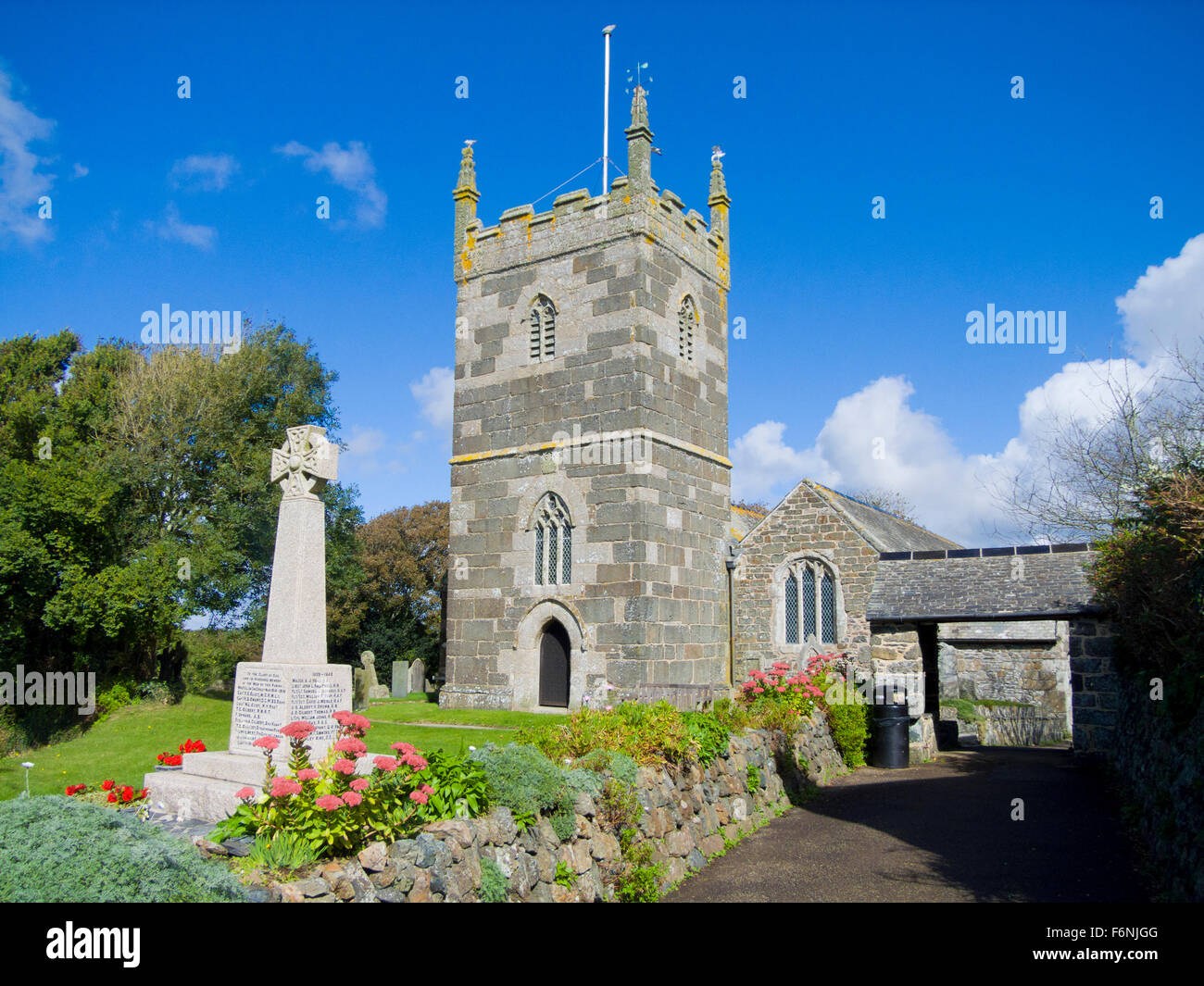 Saint Mellanus Anglican Church, Mullion Village, Lizard Peninsula, Cornwall, England, UK in Summer Stock Photo
