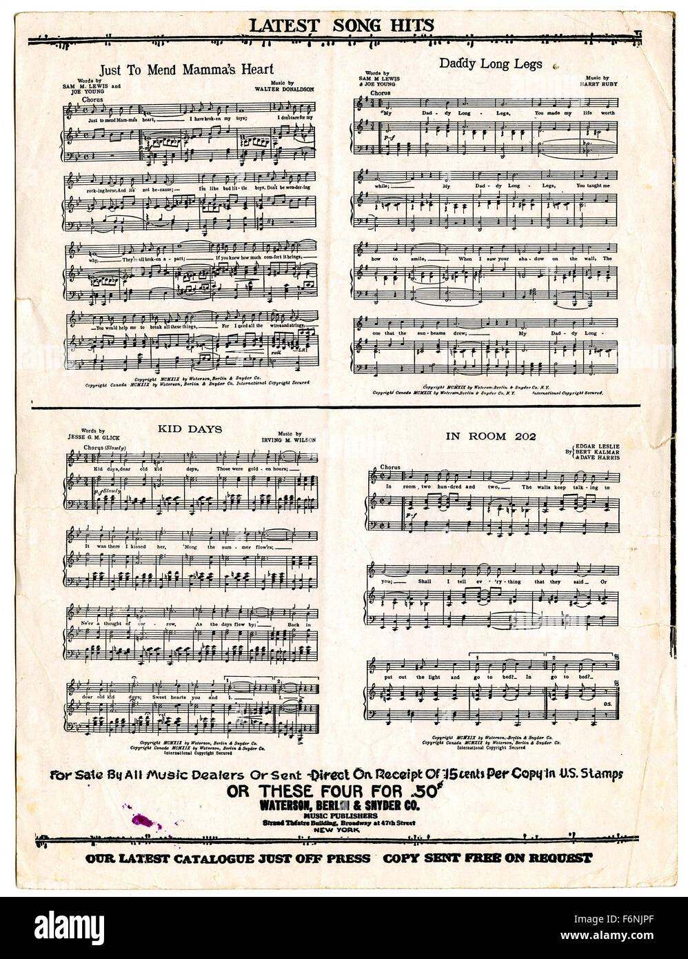 Collection of Latest Song Hits, 1919, from back side of piano sheet music Stock Photo