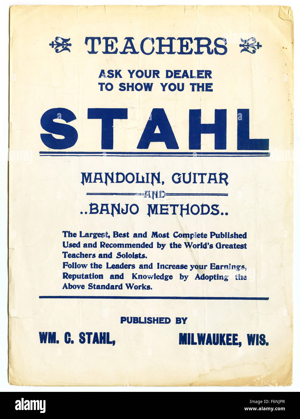 William C. Stahl Music Publishers advertisement for mandolin, guitar and banjo methods, 1920 Stock Photo