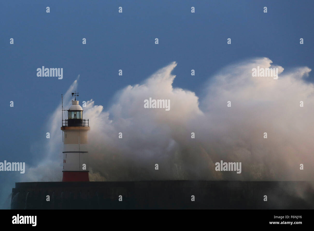 Newhaven, Sussex, UK. 17th Nov, 2015. Gusting winds of Storm Barney cause huge waves to crash over the lighthouse at Newhaven in East Sussex, UK, Tuesday November 17, 2015. Parts of southern Britain were subject to a yellow weather warning from the Met Office for winds gusting up to 80miles an hour. Barney is only the second storm to be named. Credit:  Luke MacGregor/Alamy Live News Stock Photo