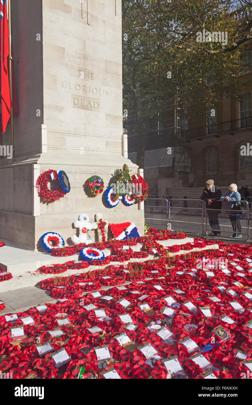 London, Whitehall Wreaths and poppies at the Cenotaph a day after the