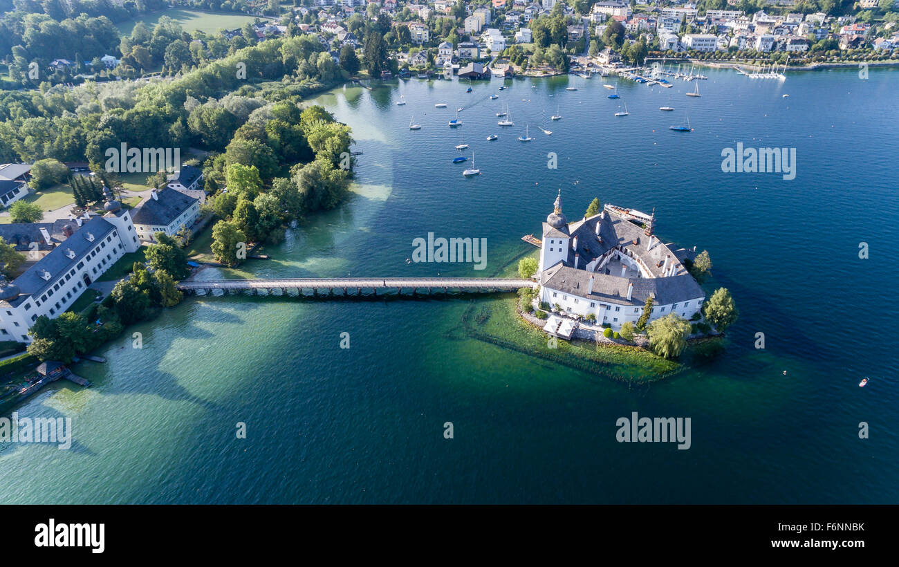 Schloss Ort castle in Gmunden Austria Europe, aerial view, traunsee Stock Photo