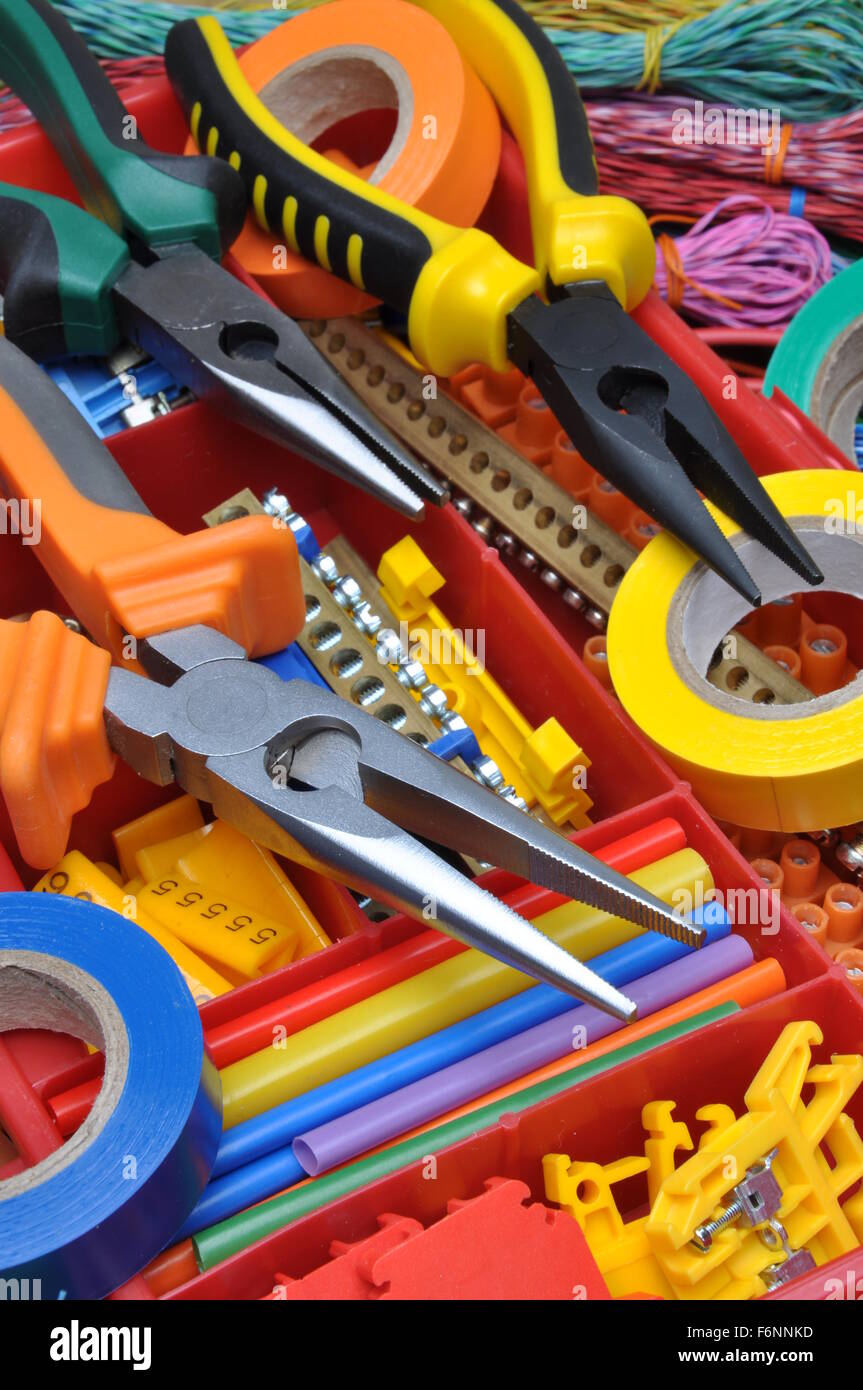 Tool box with electrical tools and components Stock Photo Alamy