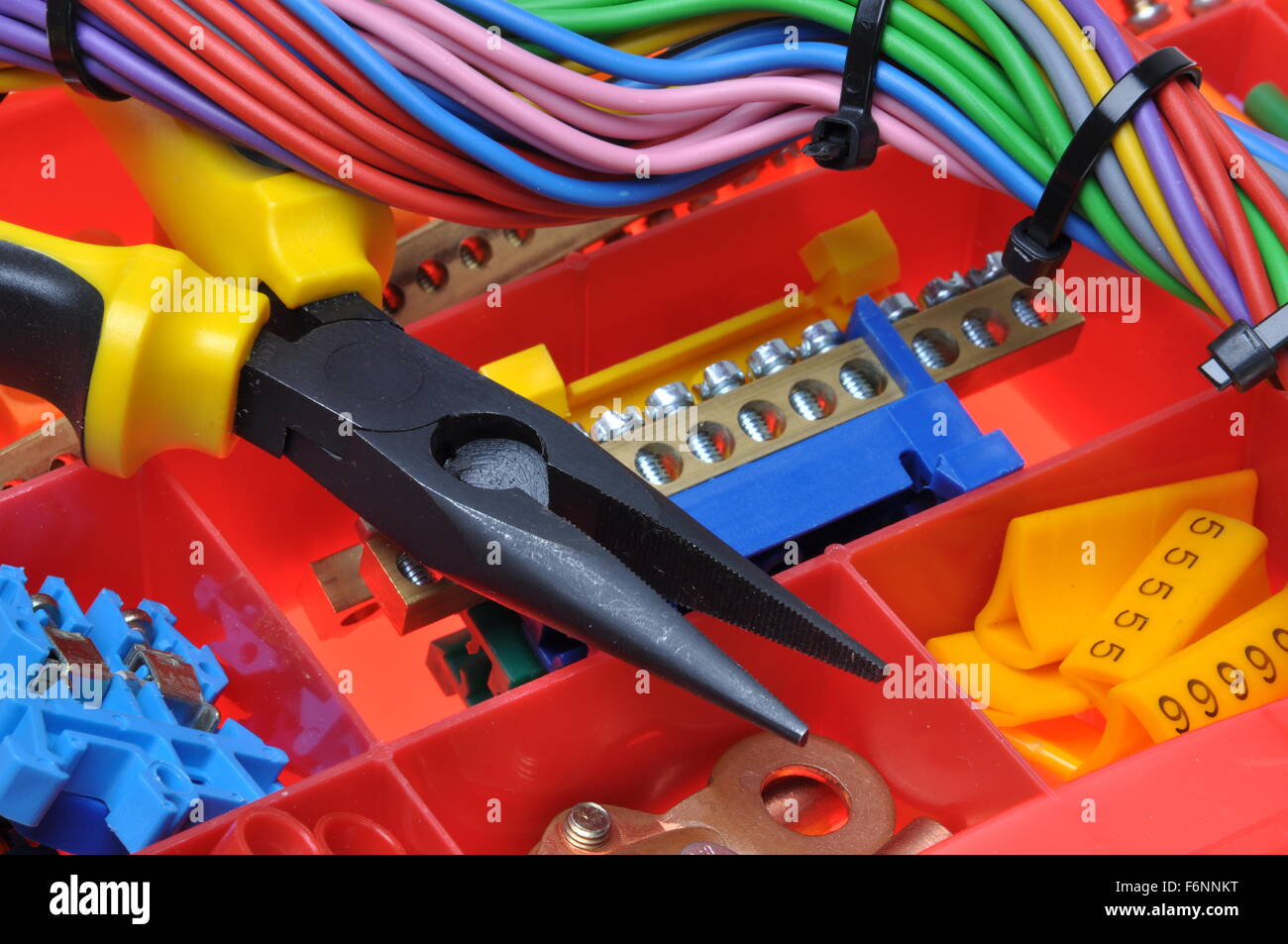 Tool box with electrical tools and components Stock Photo Alamy