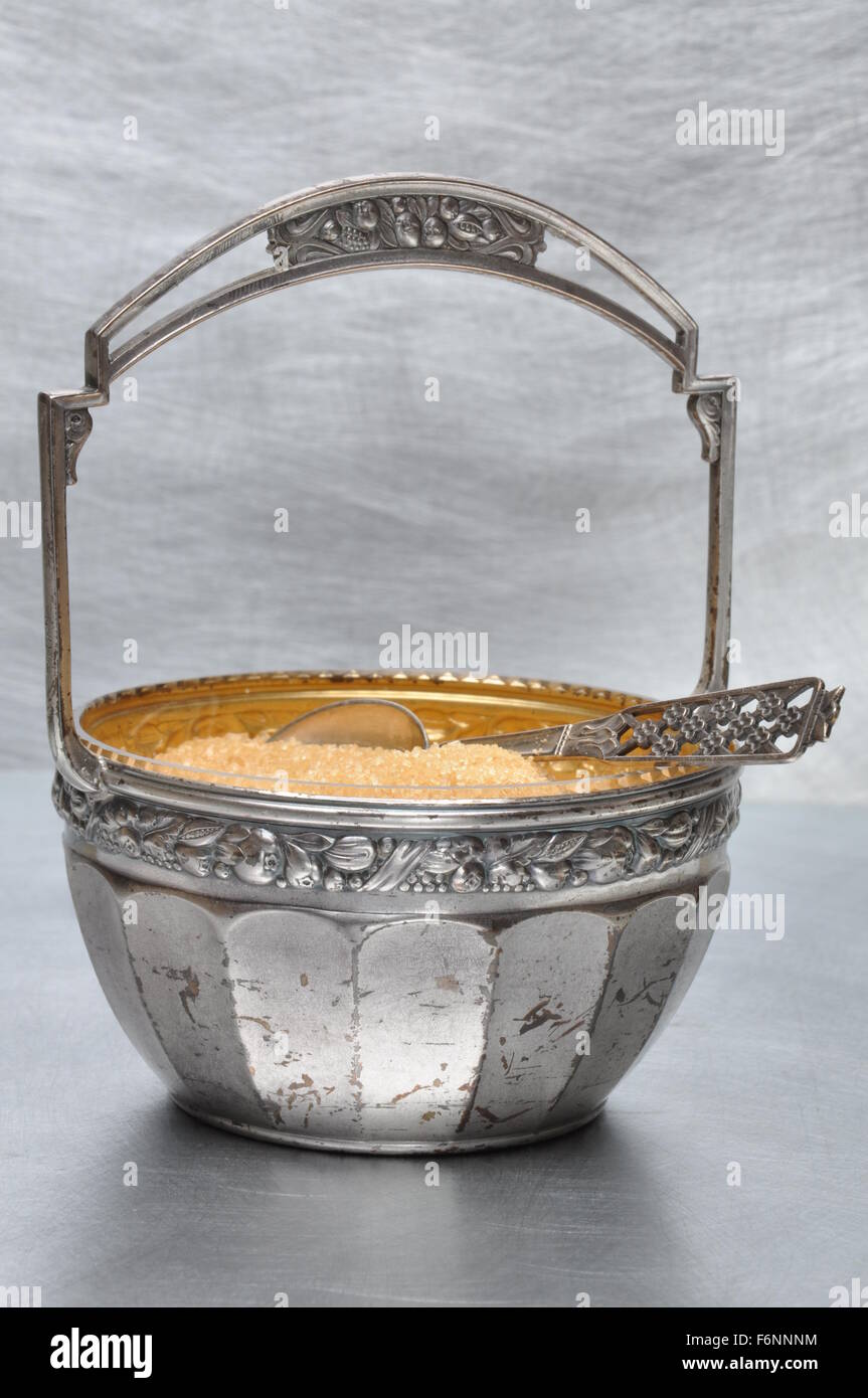 Silverplated sugar bowl with spoon Stock Photo Alamy