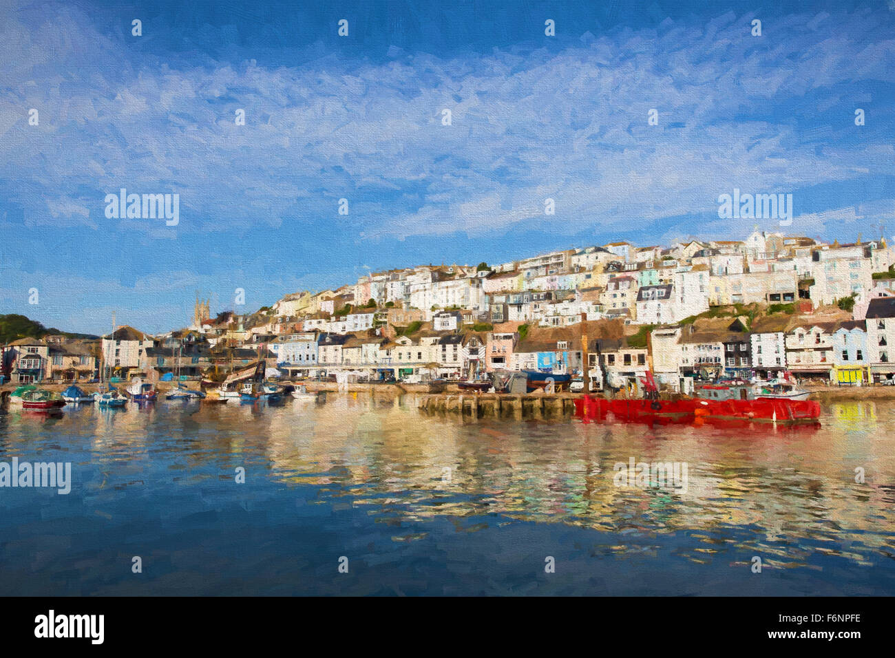 Brixham harbour Devon England with boats on a calm day with blue sky illustration like oil painting Stock Photo
